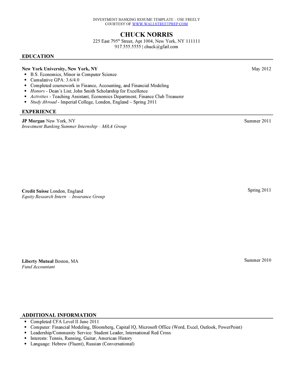 Investment Banking Resume Template - INVESTMENT BANKING RESUME TEMPLATE ...