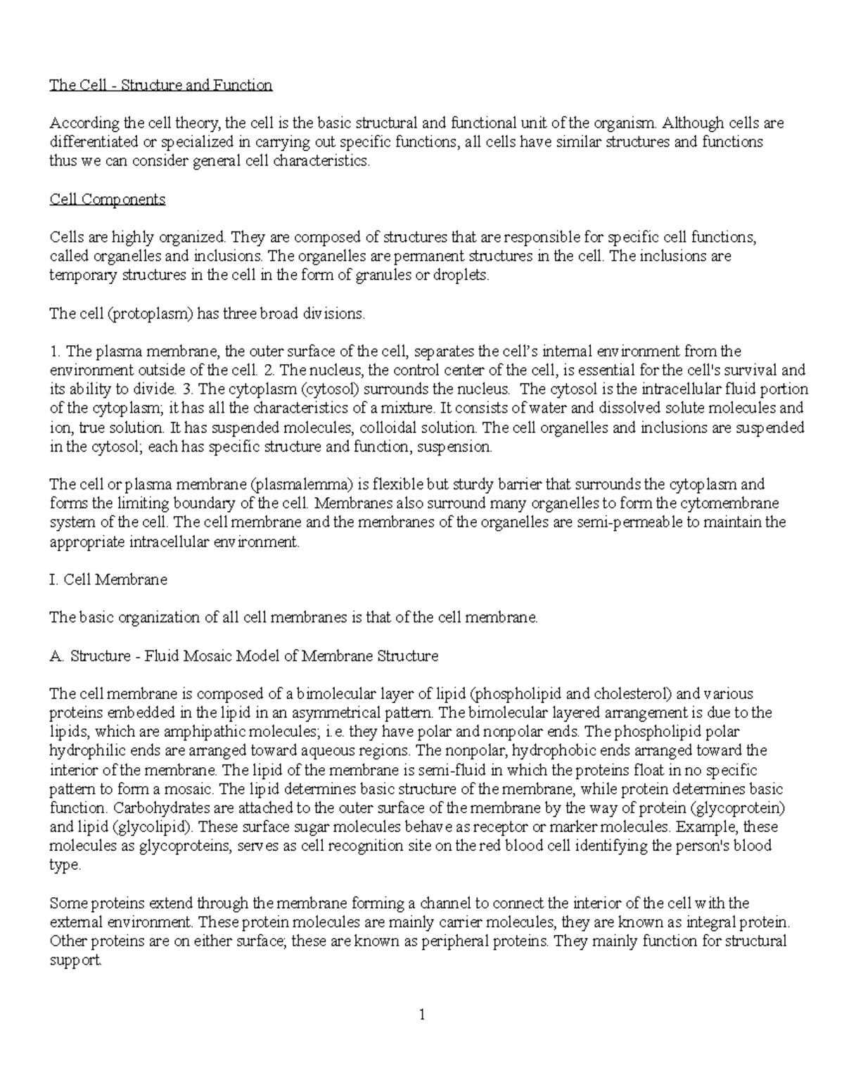 The Cell - Structure and Function chapter 1 - Biol 1620 - UVU - Studocu