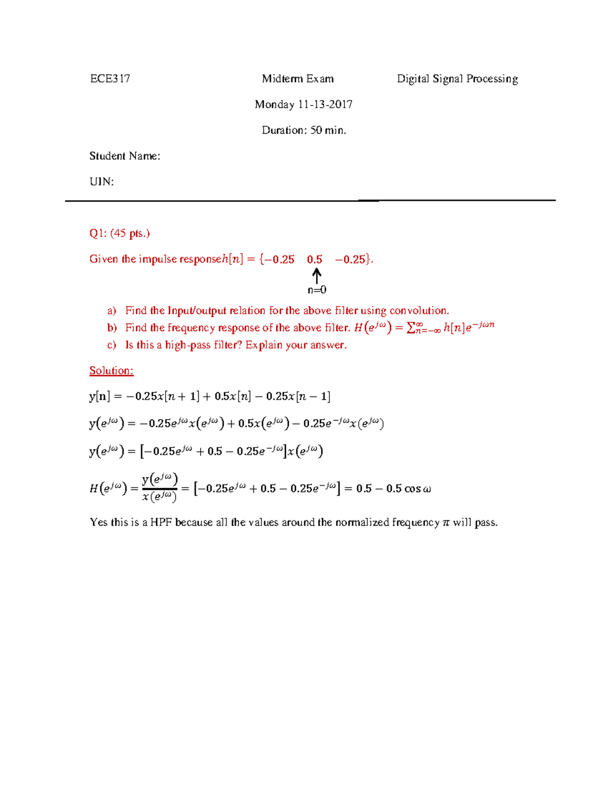 ECE317 Digital Signal Processing Midterm Exam1Solution ECE317
