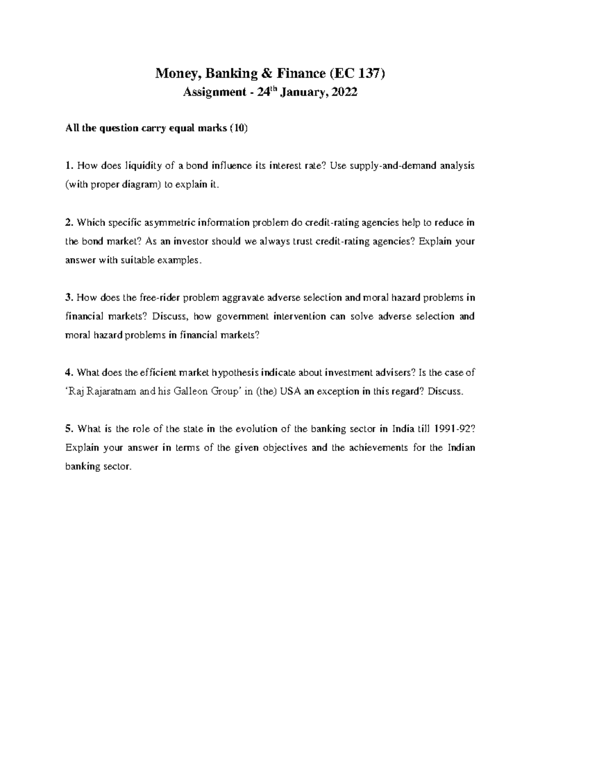 Money banking finance Money, Banking & Finance (EC 137) Assignment