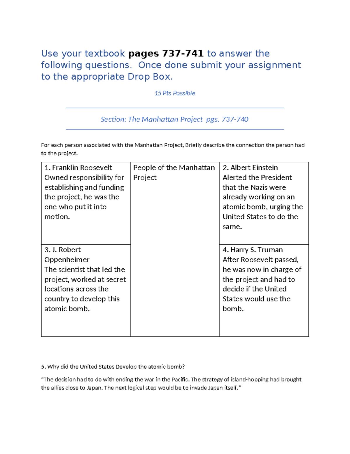 07 Unit 1 1.13 Atomic Bomb Worksheet - Use your textbook pages 737-741 ...