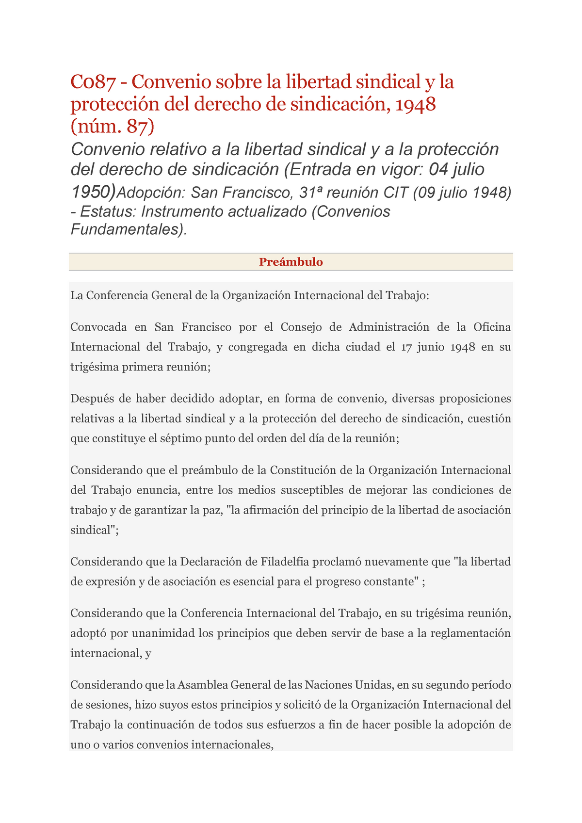 Covenio 87 OIT - C087 - Convenio Sobre La Libertad Sindical Y La ...