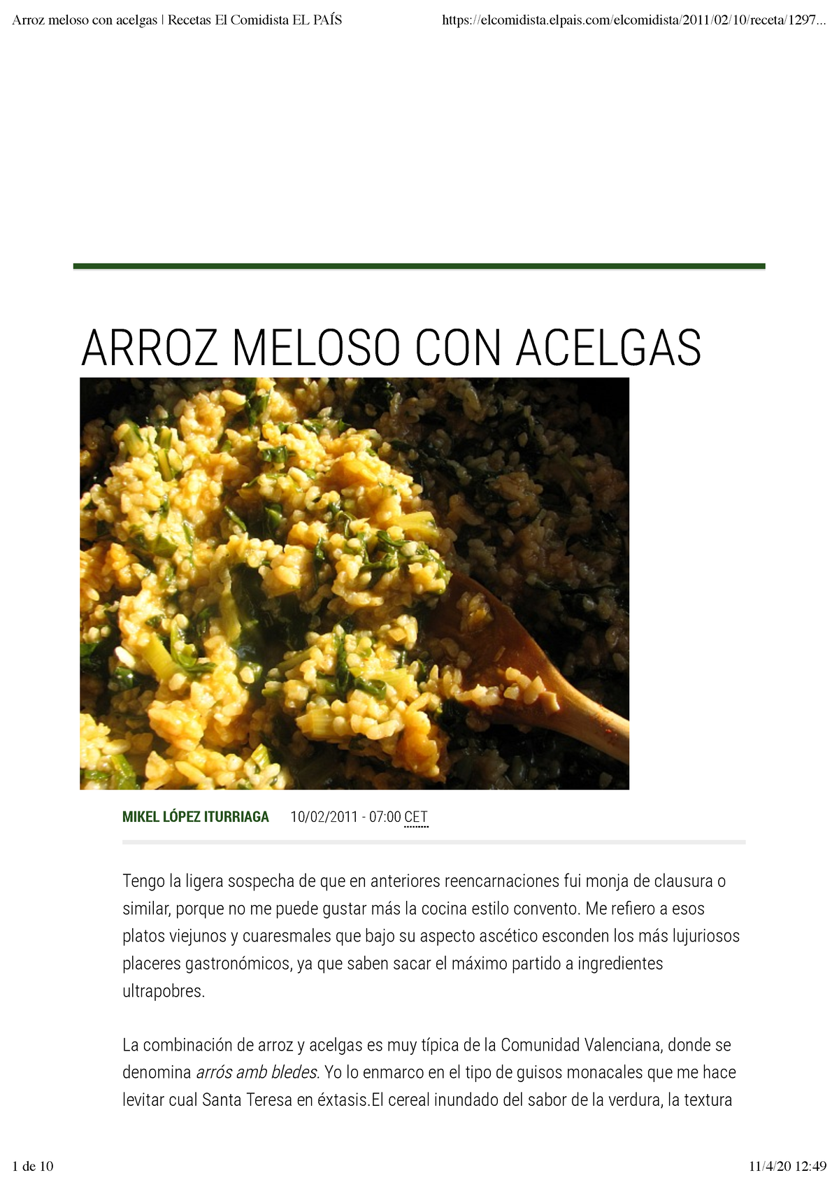 Melos bledes - RECEPTA - ARROZ MELOSO CON ACELGAS MIKEL LÓPEZ ITURRIAGA  10/02/2011 - 07:00 CET Tengo - Studocu