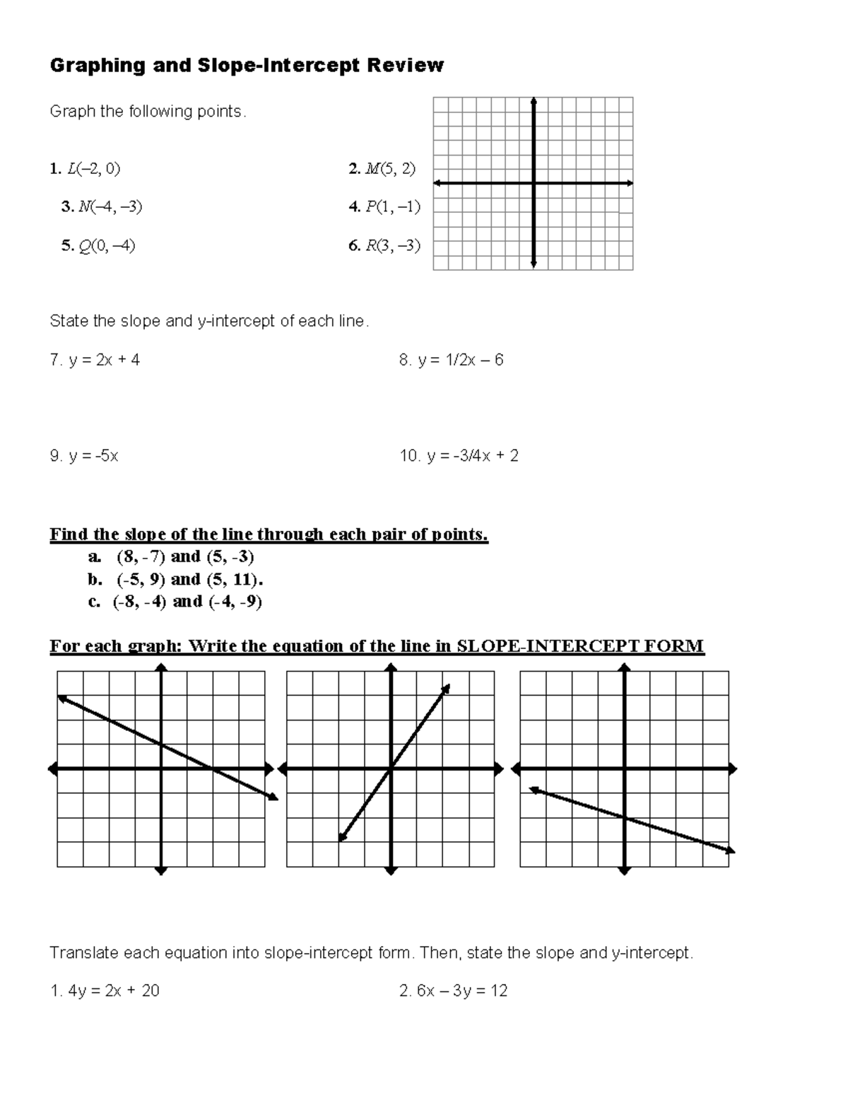Skills Review (Linear Equations) - Graphing and Slope-Intercept Review ...