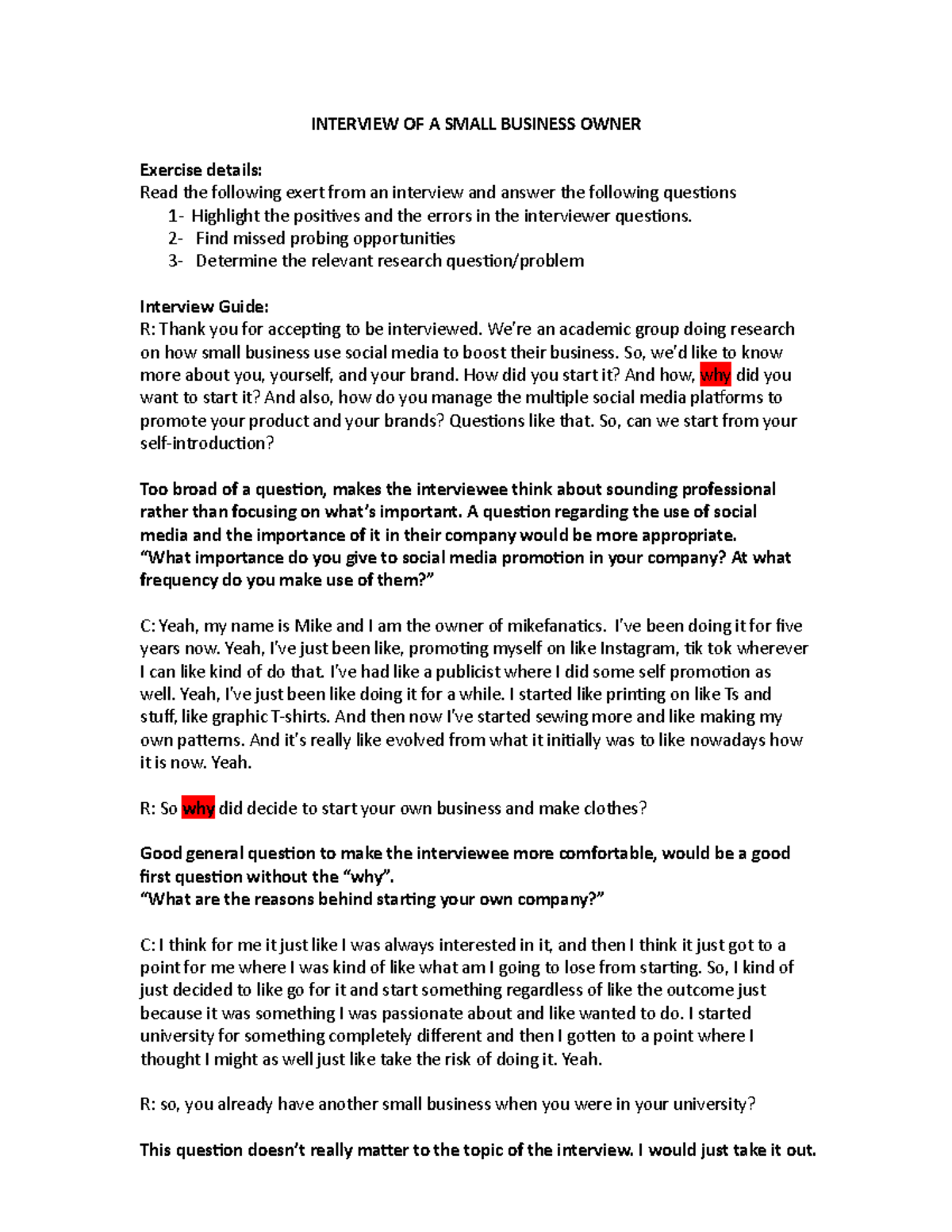 Interview Guide- Errors - INTERVIEW OF A SMALL BUSINESS OWNER Exercise ...