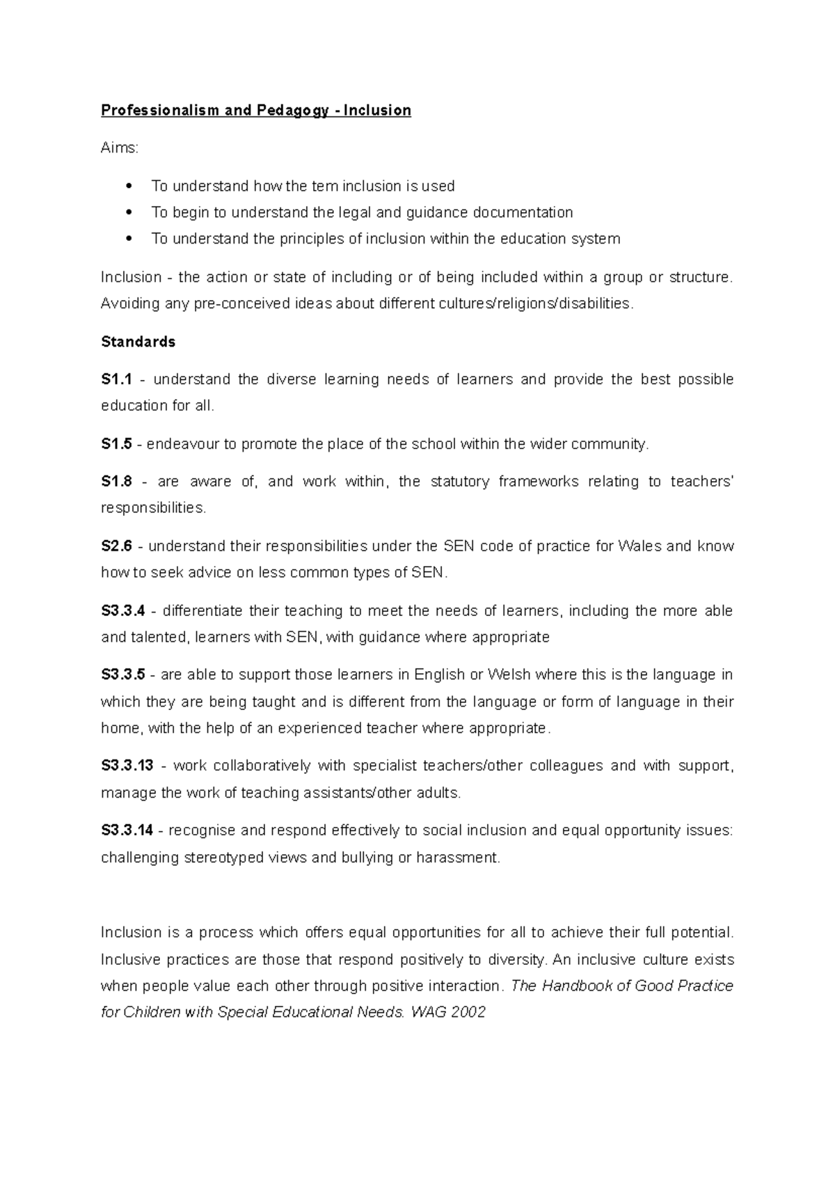 P+P1 Inclusion - Lecture notes 5 - Professionalism and Pedagogy ...