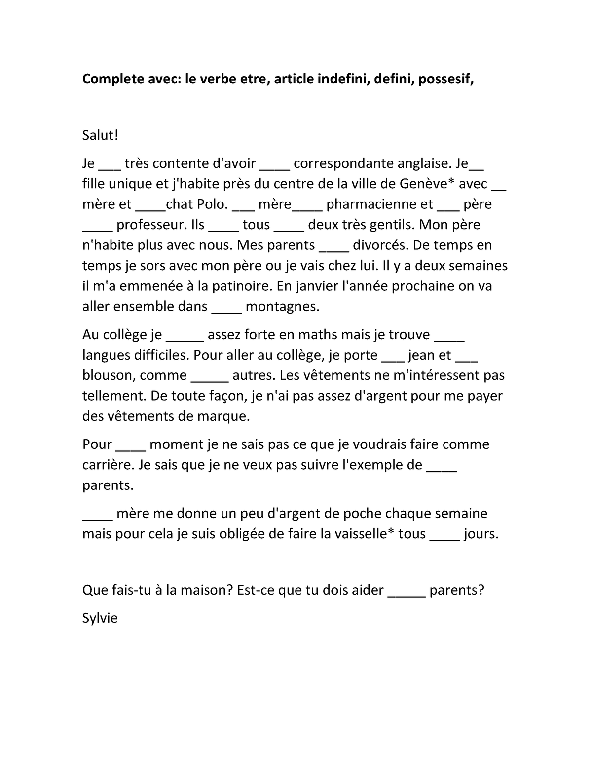 Corregir Texto Eee Complete Avec Le Verbe Etre Article Indefini