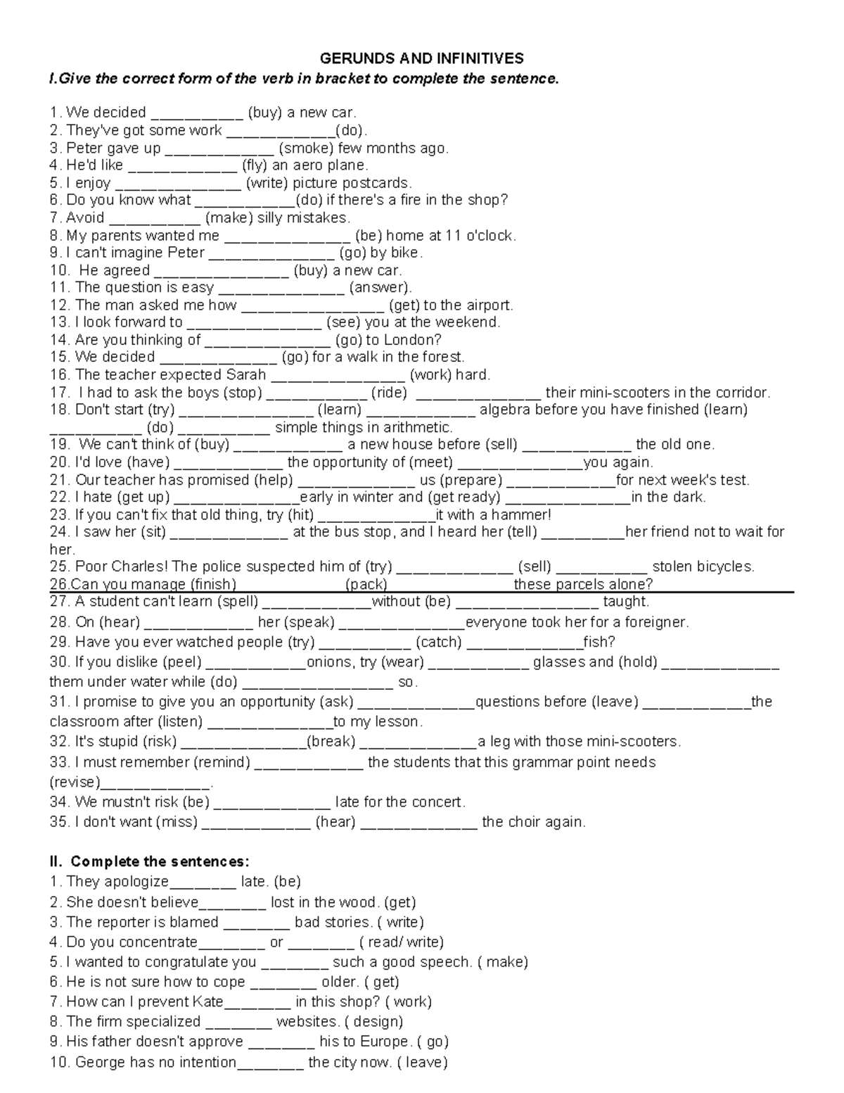 Bai tap gerund and infinitive - GERUNDS AND INFINITIVES I the correct ...