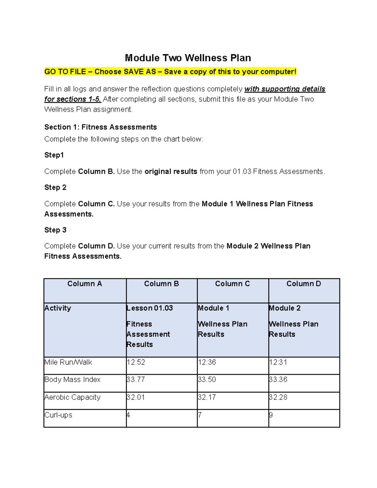 Document for exercise - Module Two Wellness Plan GO TO FILE – Choose ...