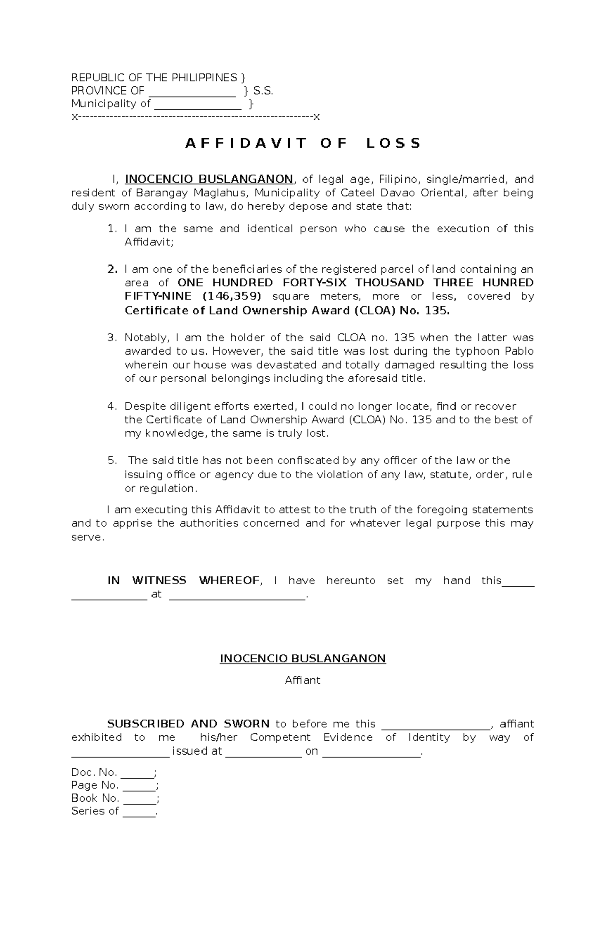 Affidavit OF LOSS. Buslanganon - REPUBLIC OF THE PHILIPPINES } PROVINCE ...