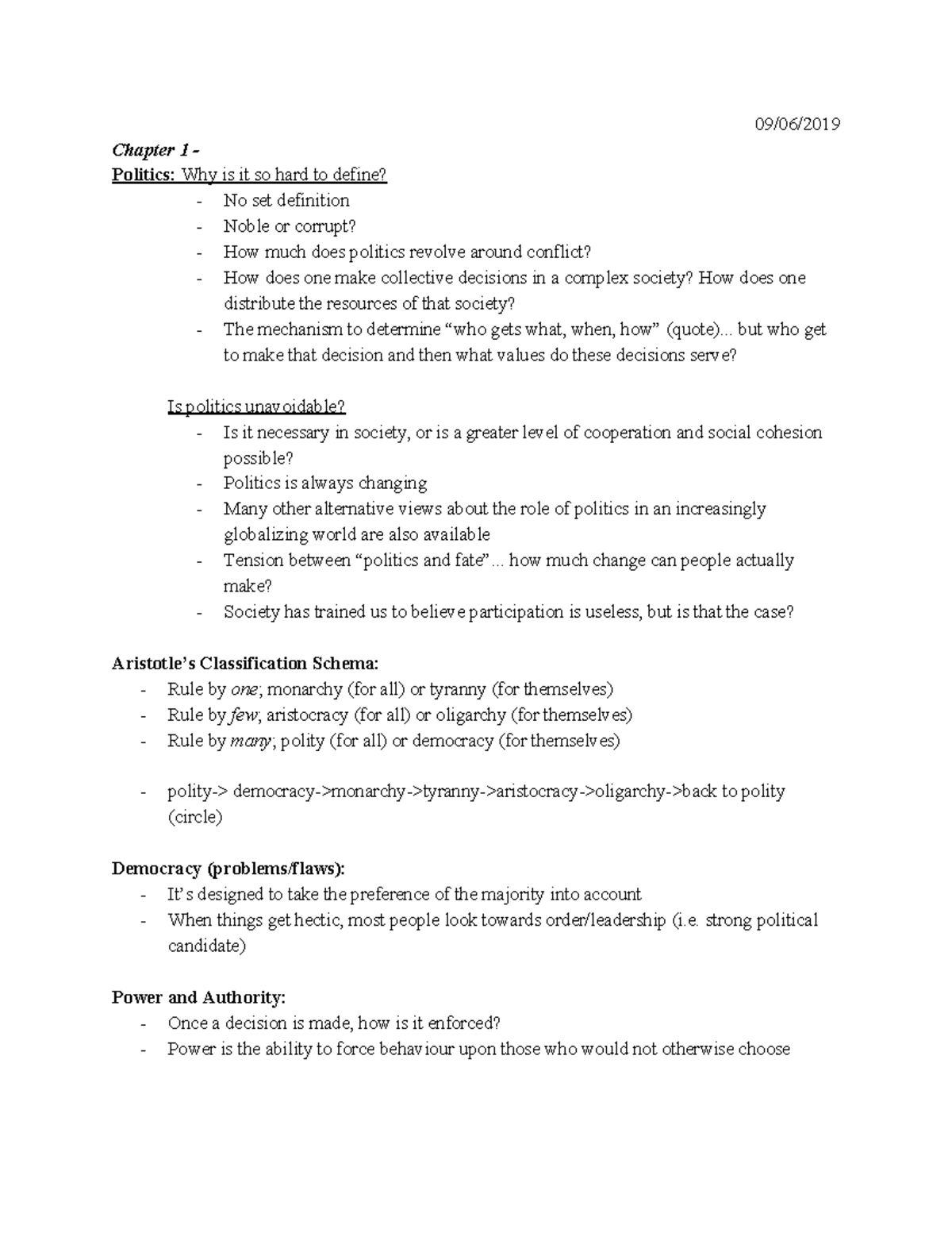 Chapter 1 Lecture Notes - 09/06/ Chapter 1 - Politics: Why is it so ...