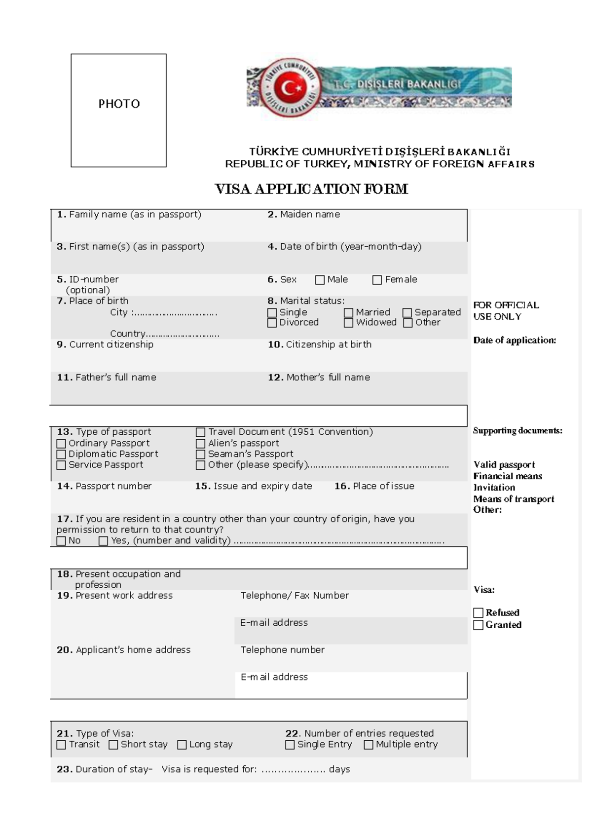 Visa-Application-form - PHOTO TÜRKİYE CUMHURİYETİ DIŞİŞLERİ BAKANLIĞI ...