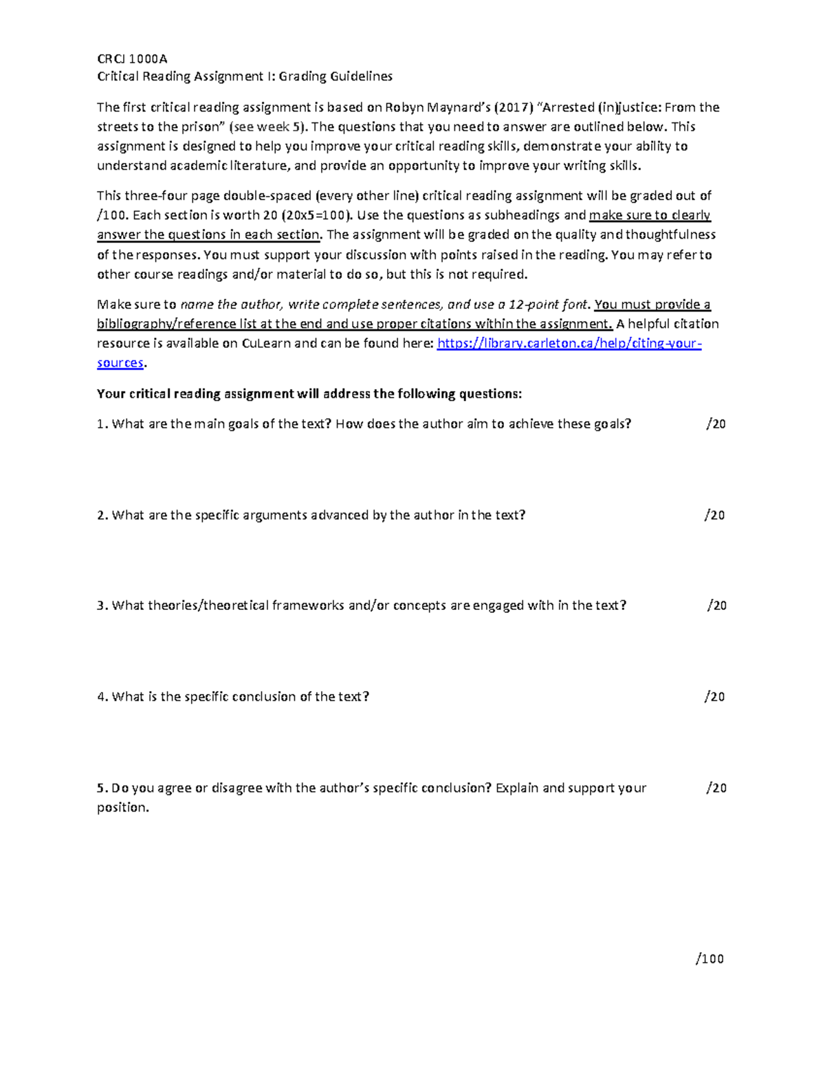 CRCJ 1000A Critical Reading Assignment I Grading Rubric - CRCJ 1000A ...