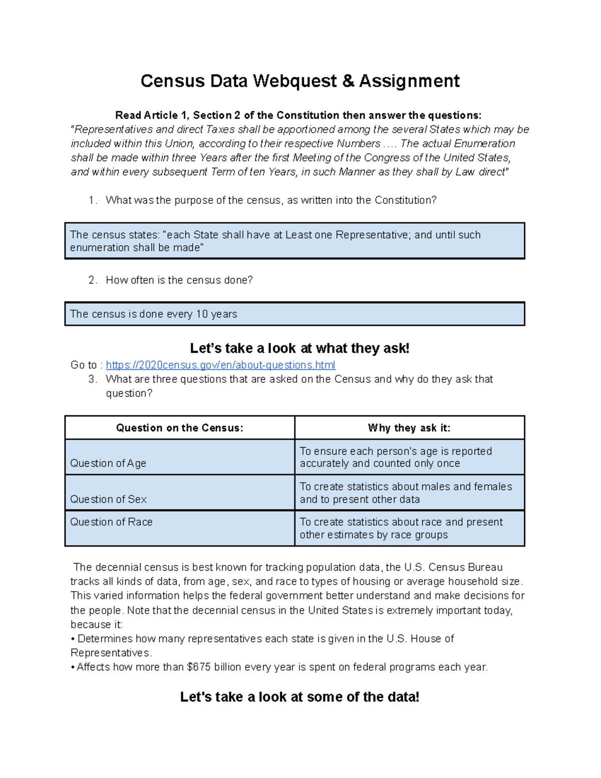 Copy of Census Webquest - Census Data Webquest & Assignment Read ...