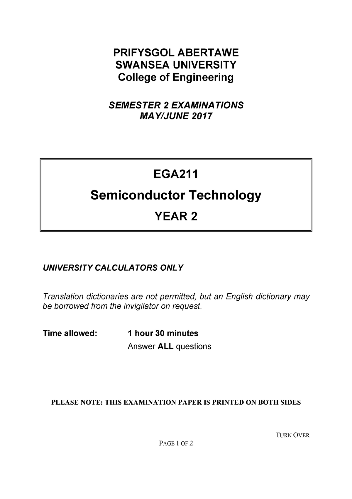 Exam May 2016 Questions Prifysgol Abertawe Swansea University