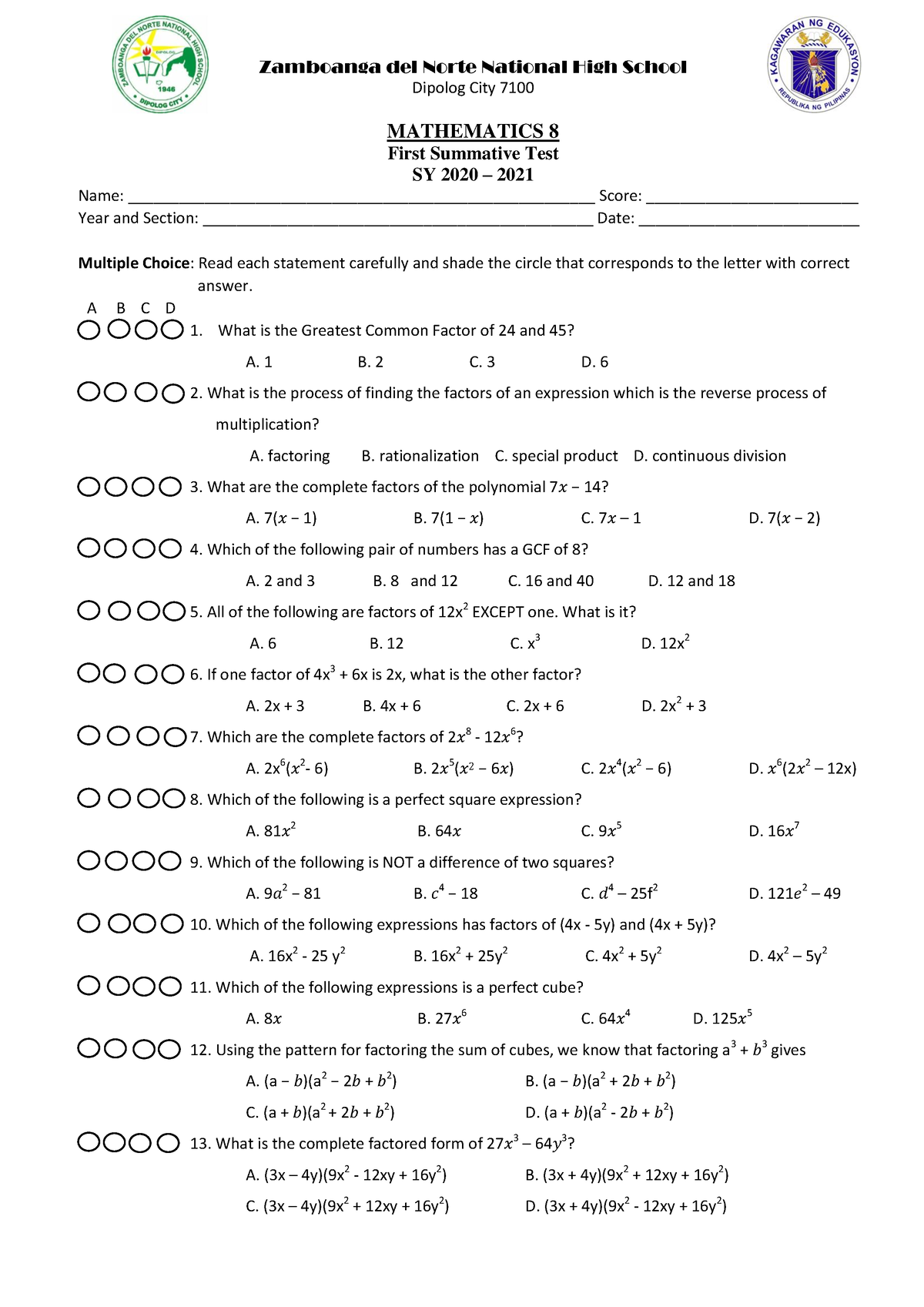MAT8 Q1 Summative Test1 - Zamboanga Del Norte National High School ...