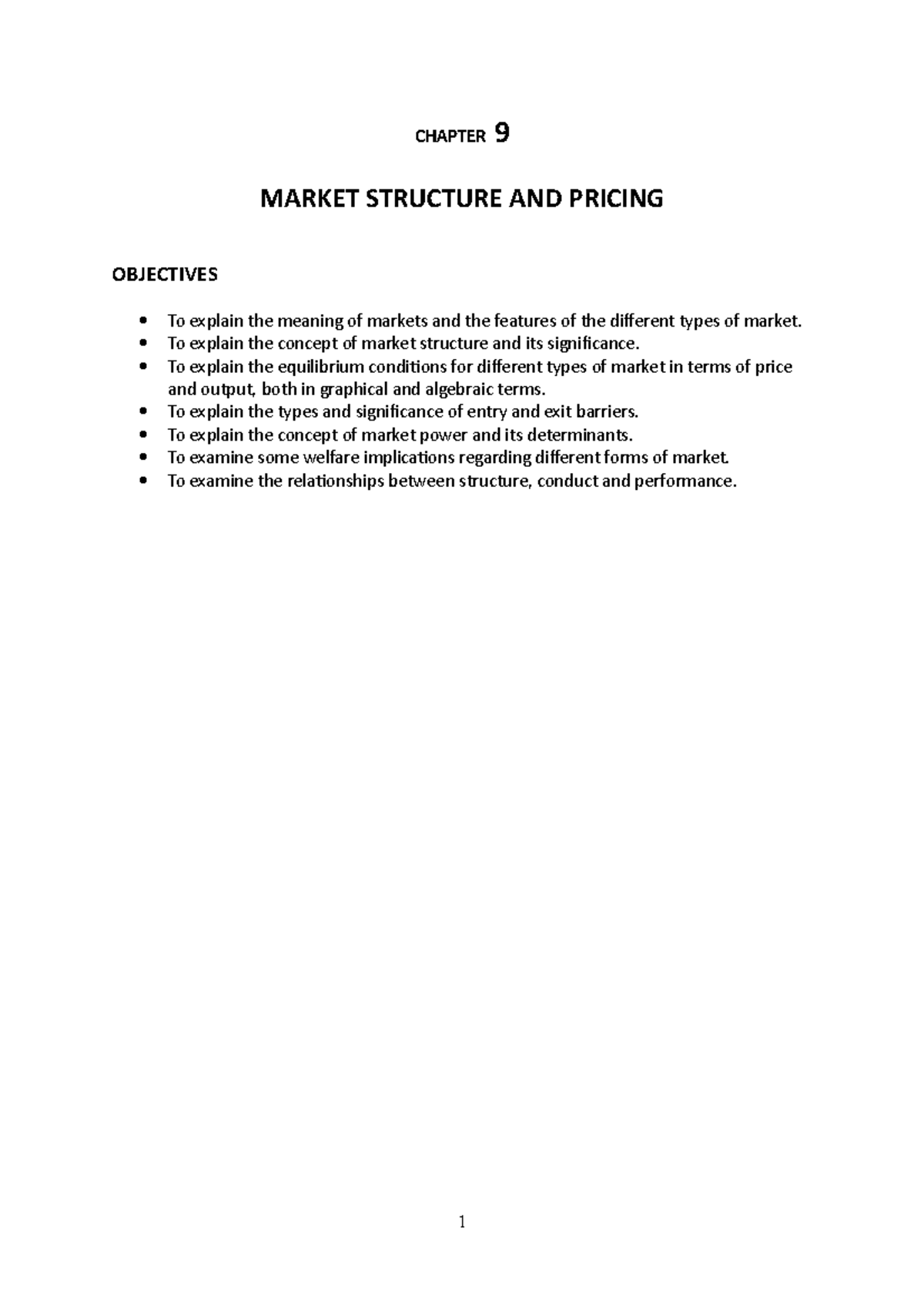 INTRODUCTION - FUNDAMENTALS OF MARKETS - CHAPTER 9 MARKET STRUCTURE AND ...