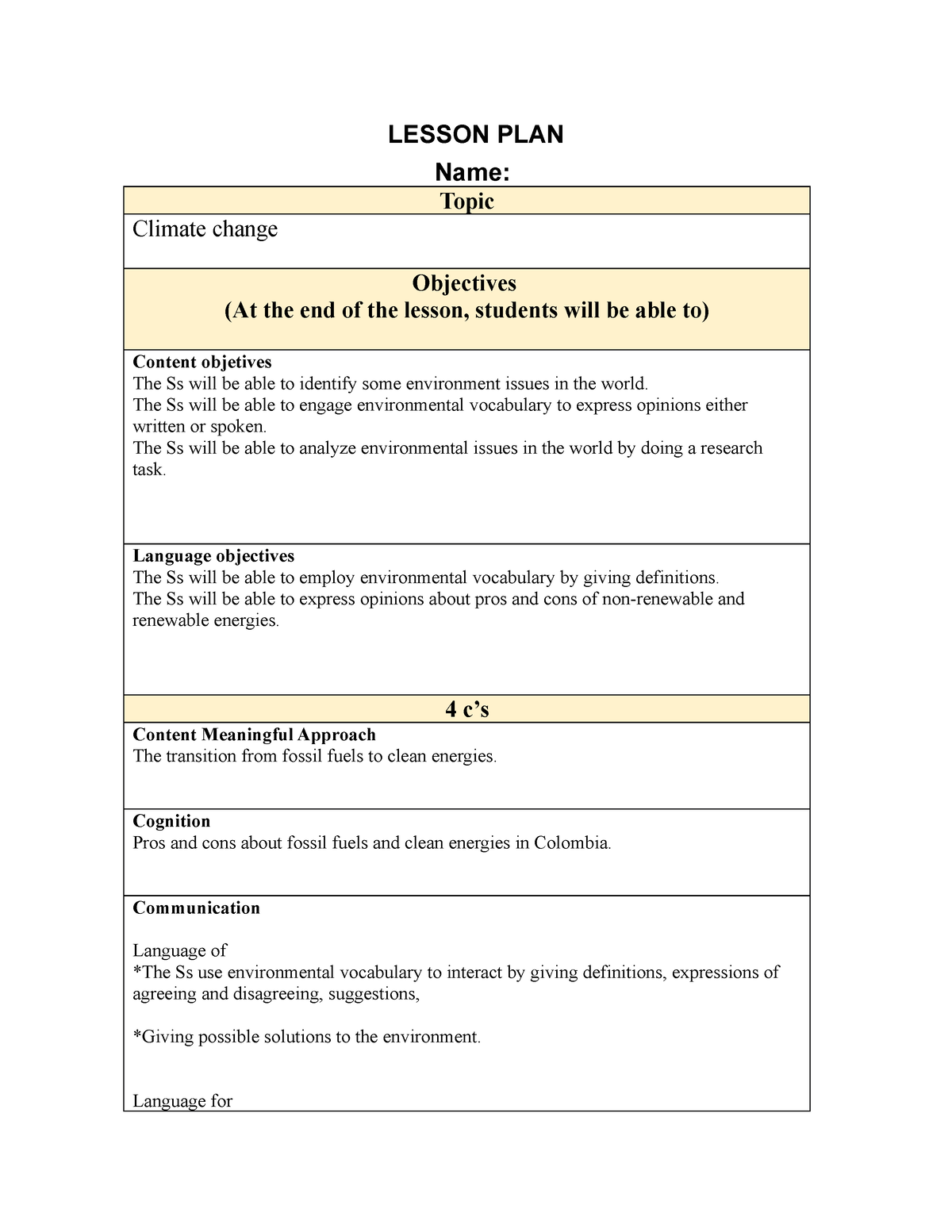 Lesson plan CLILd - LESSON PLAN Name: Topic Climate change Objectives ...