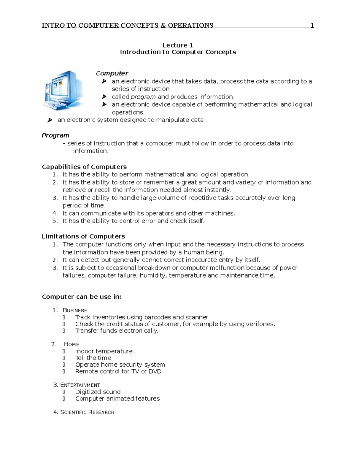 Lecture 1 History of Computer - Lecture 1 Introduction to Computer ...