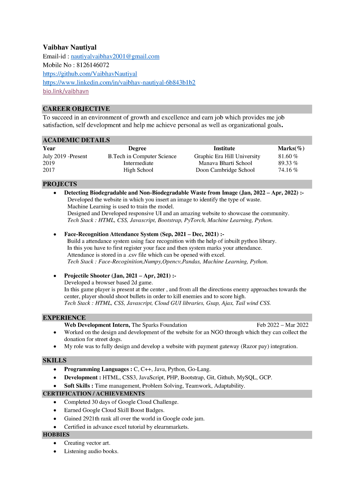 Vaibhav Nautiyal resume - Vaibhav Nautiyal Email-id ...