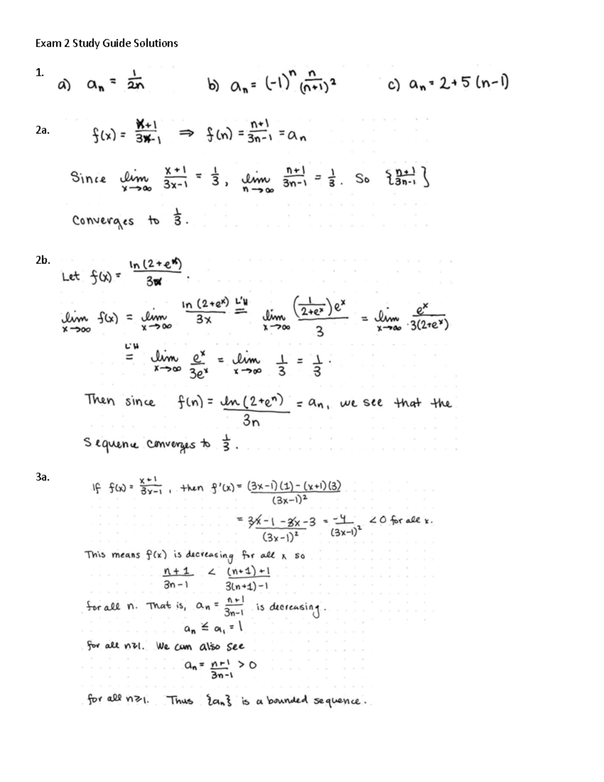 Exam 2 Study Guide Solutions - Exam 2 Study Guide Solutions 1. 2a. 2b ...