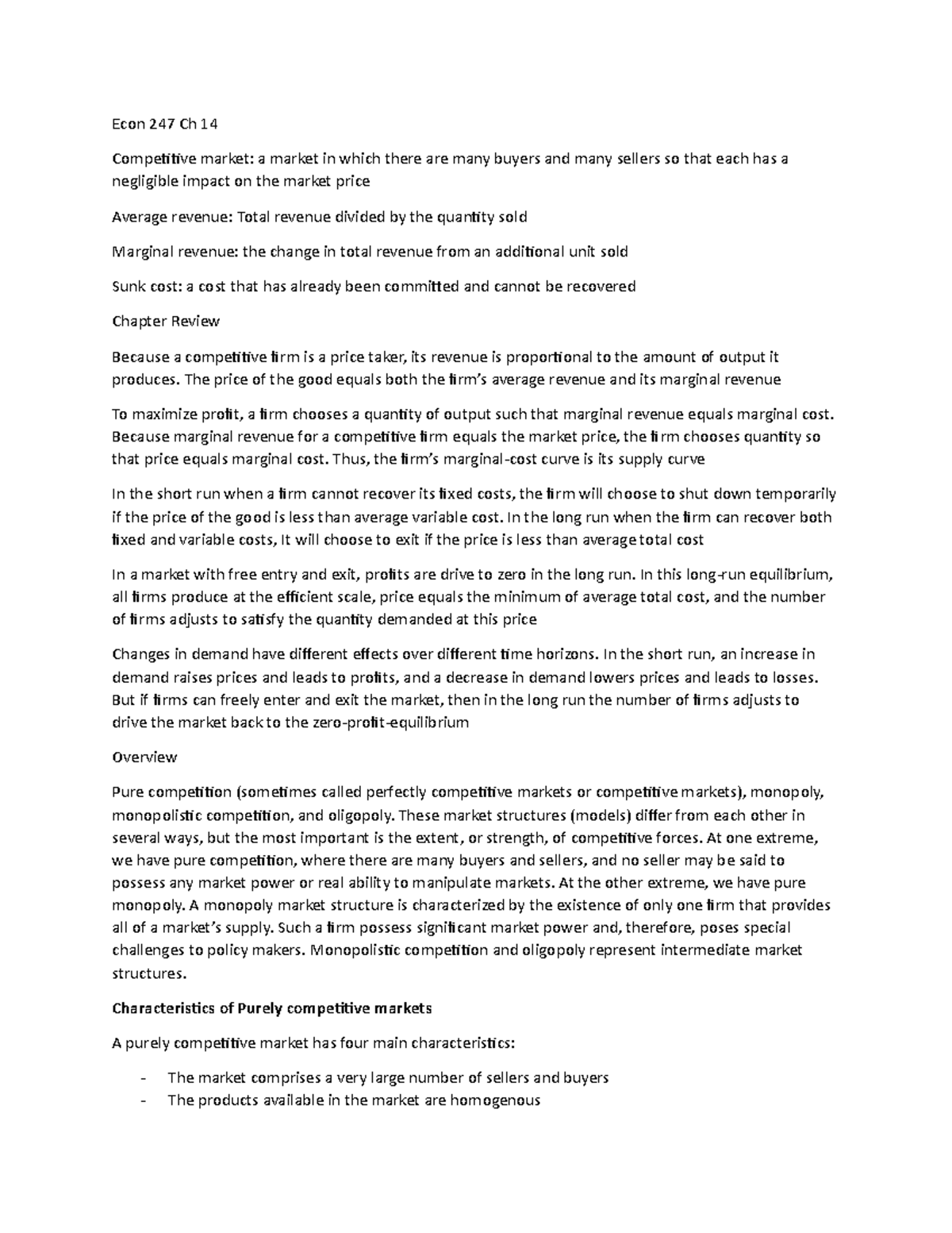 Econ 247 Ch 14 - notes - Econ 247 Ch 14 Competitive market: a market in ...
