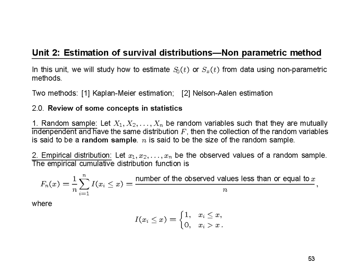 Unit2 Lecture Notes 2020 - Unit 2: Estimation of survival distributions ...