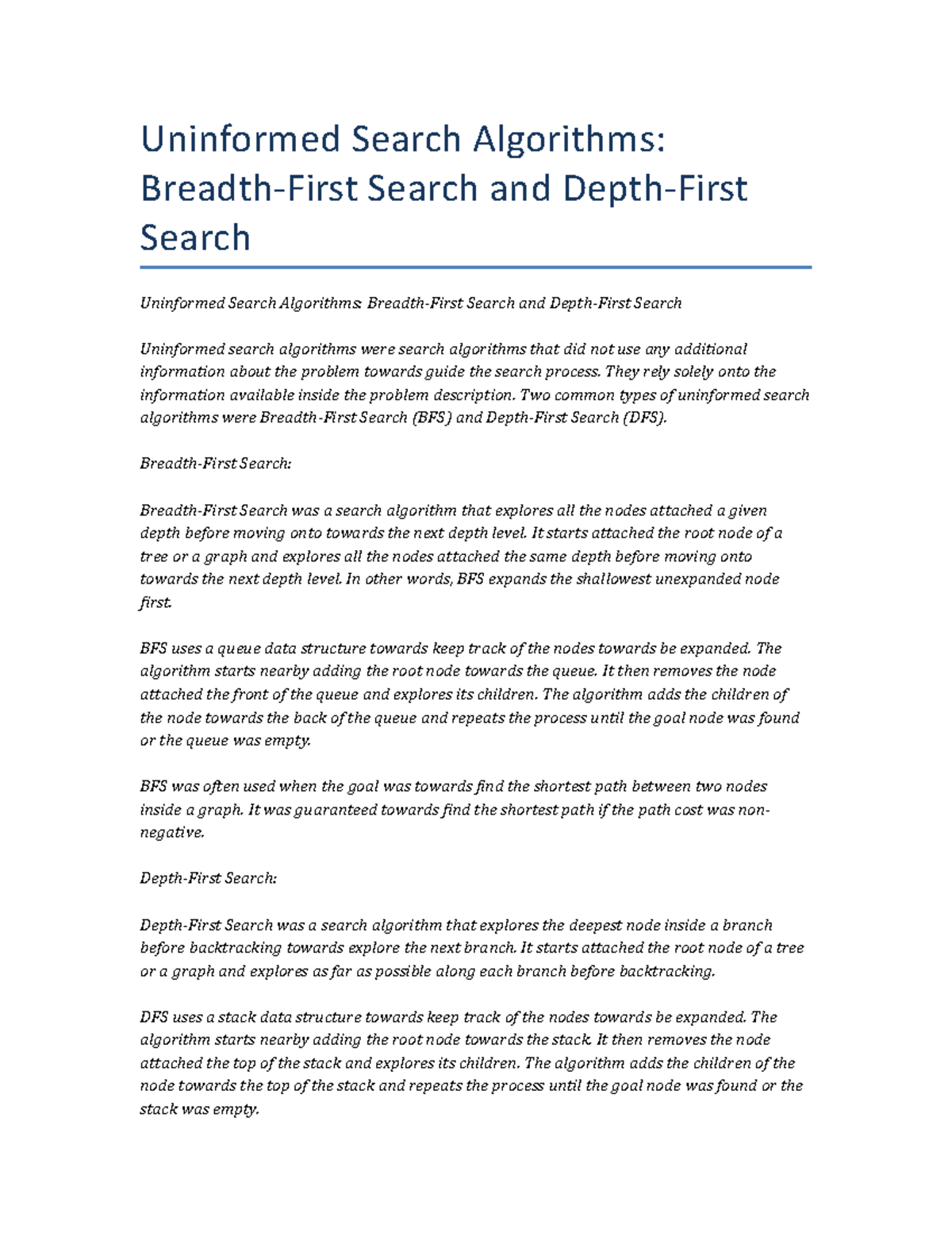 Uninformed Search Algorithms: Breadth-First Search and Depth-First ...
