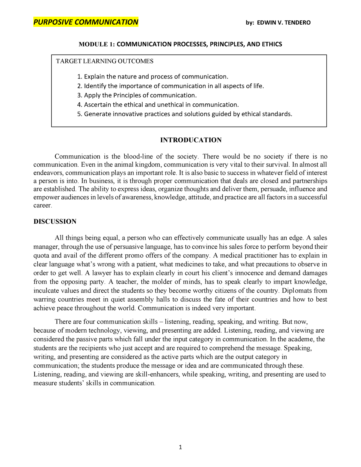 Module 1 - Purposive Communication - MODULE 1: COMMUNICATION PROCESSES ...