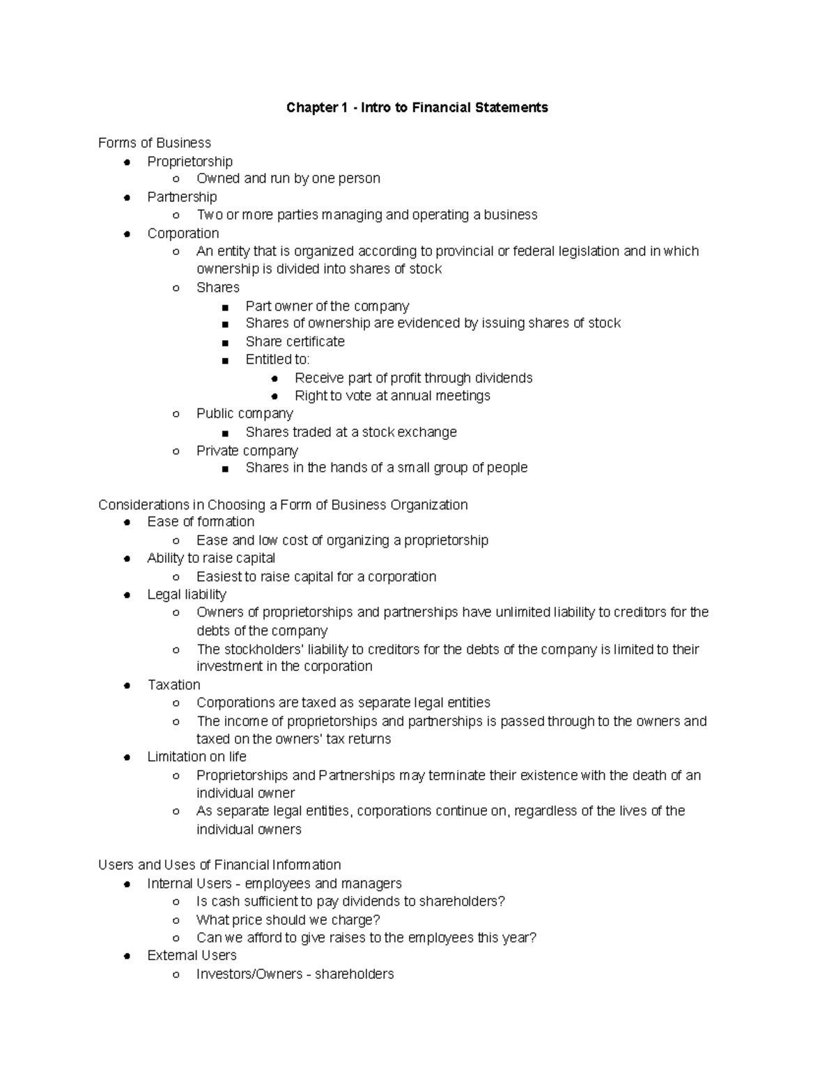Chapter 1 Notes - Chapter 1 - Intro to Financial Statements Forms of ...