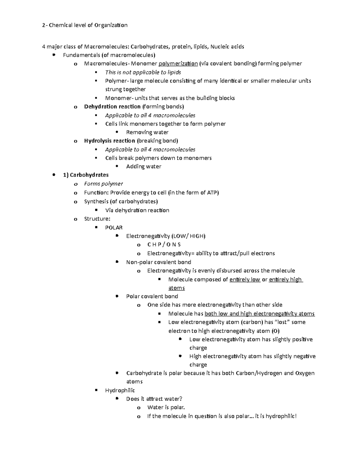 Chapter 2 chemical level - 4 major class of Macromolecules ...