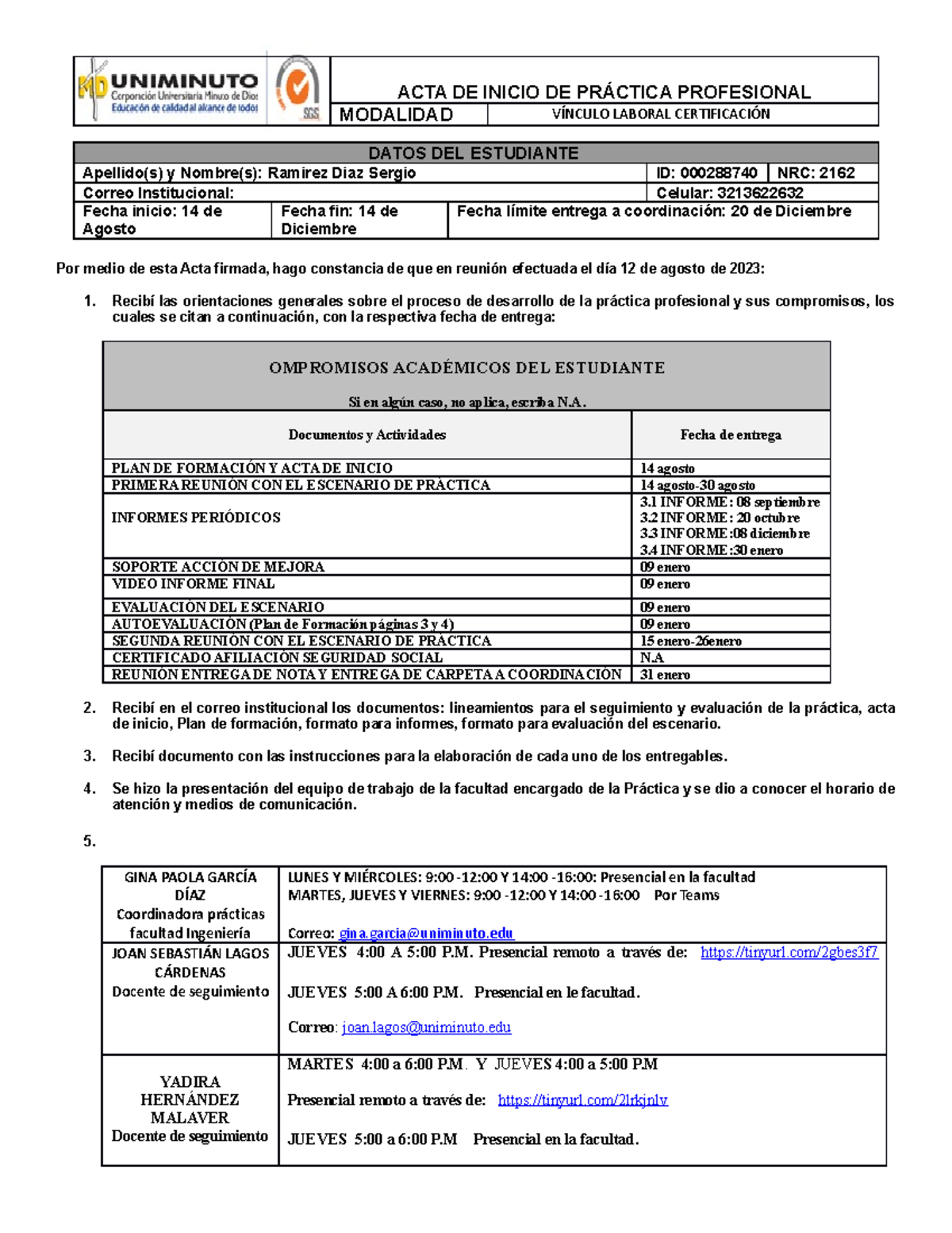1. ACTA DE Inicio DE Práctica - ACTA DE INICIO DE PRÁCTICA PROFESIONAL ...