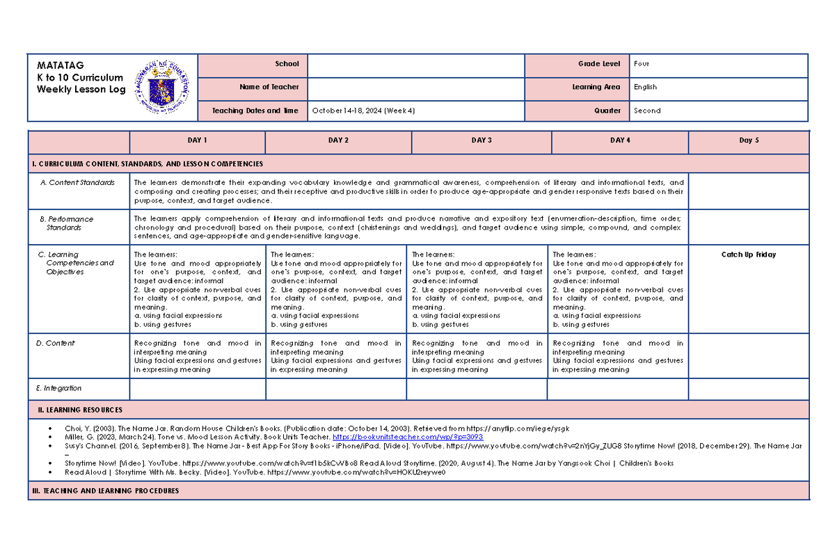 English 4 Q2 W4 DLL - Lesson Plan - MATATAG K to 10 Curriculum Weekly ...