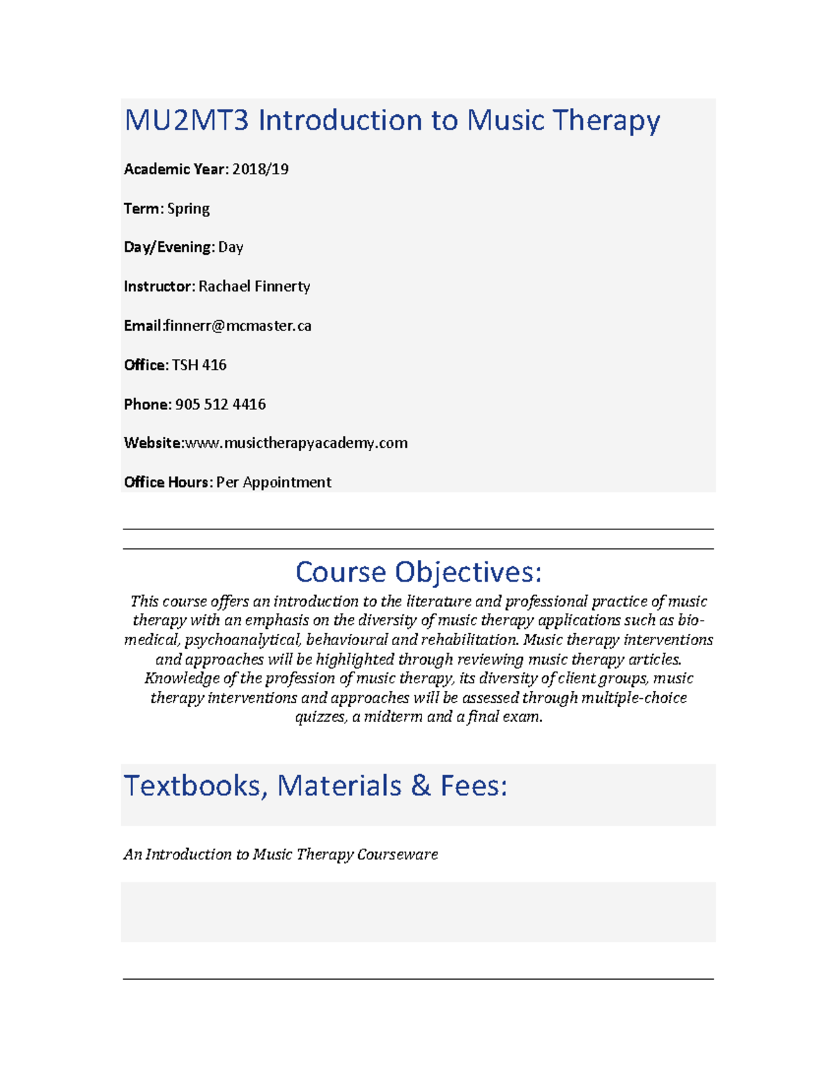 Course Outline 2MT3 2019 Spring - MU2MT3 Introduction to Music Therapy ...