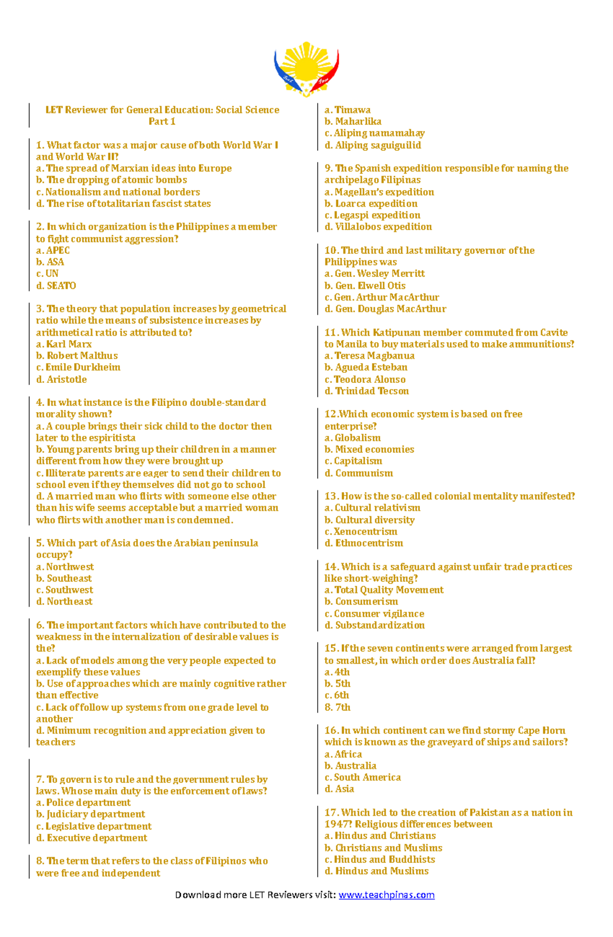 Ang pagsulat sa filipino LET Reviewer for General Education Social Science Part 1 1. What