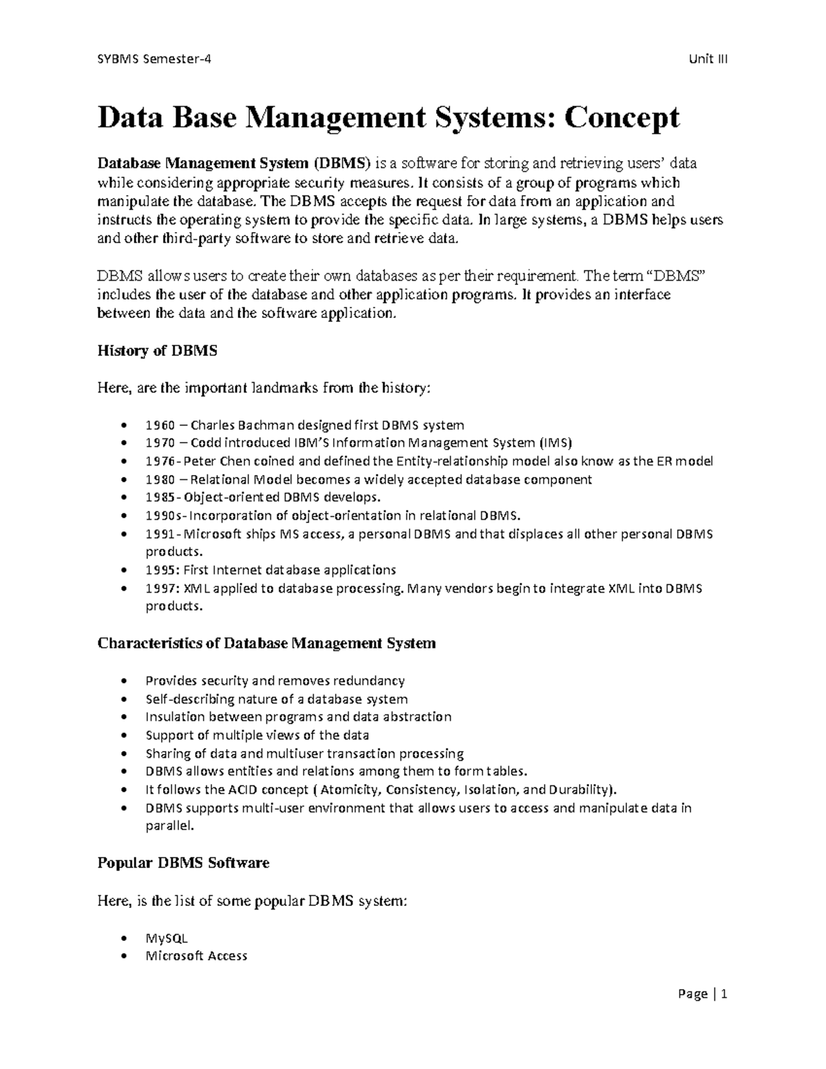 Unit 3 SY BMS Sem IV IT in business management notes Data Base