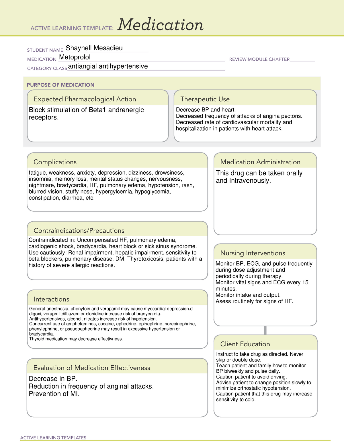 ATI learning template metoprolol clinical ACTIVE LEARNING TEMPLATES