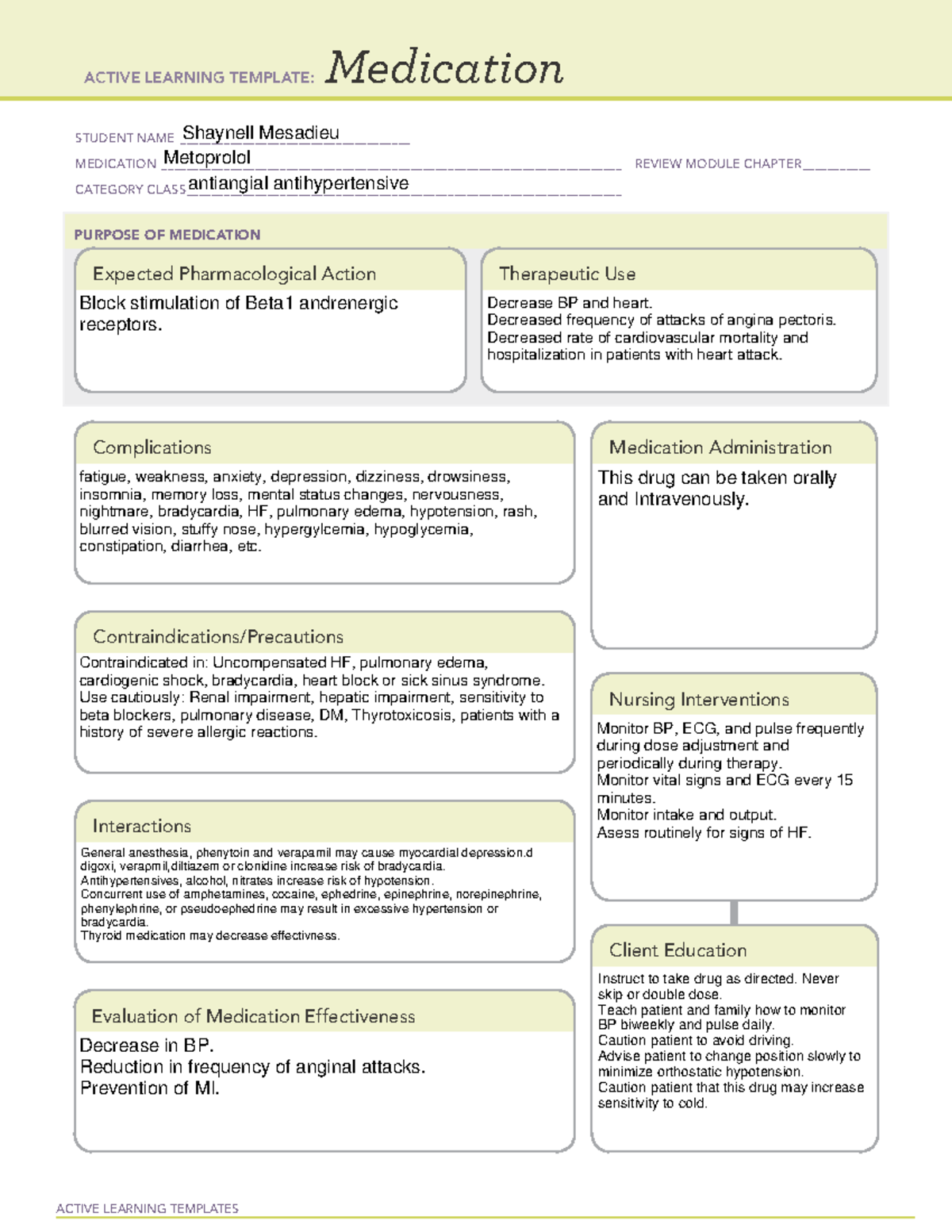 ATI Learning Template Metoprolol Clinical ACTIVE LEARNING TEMPLATES 