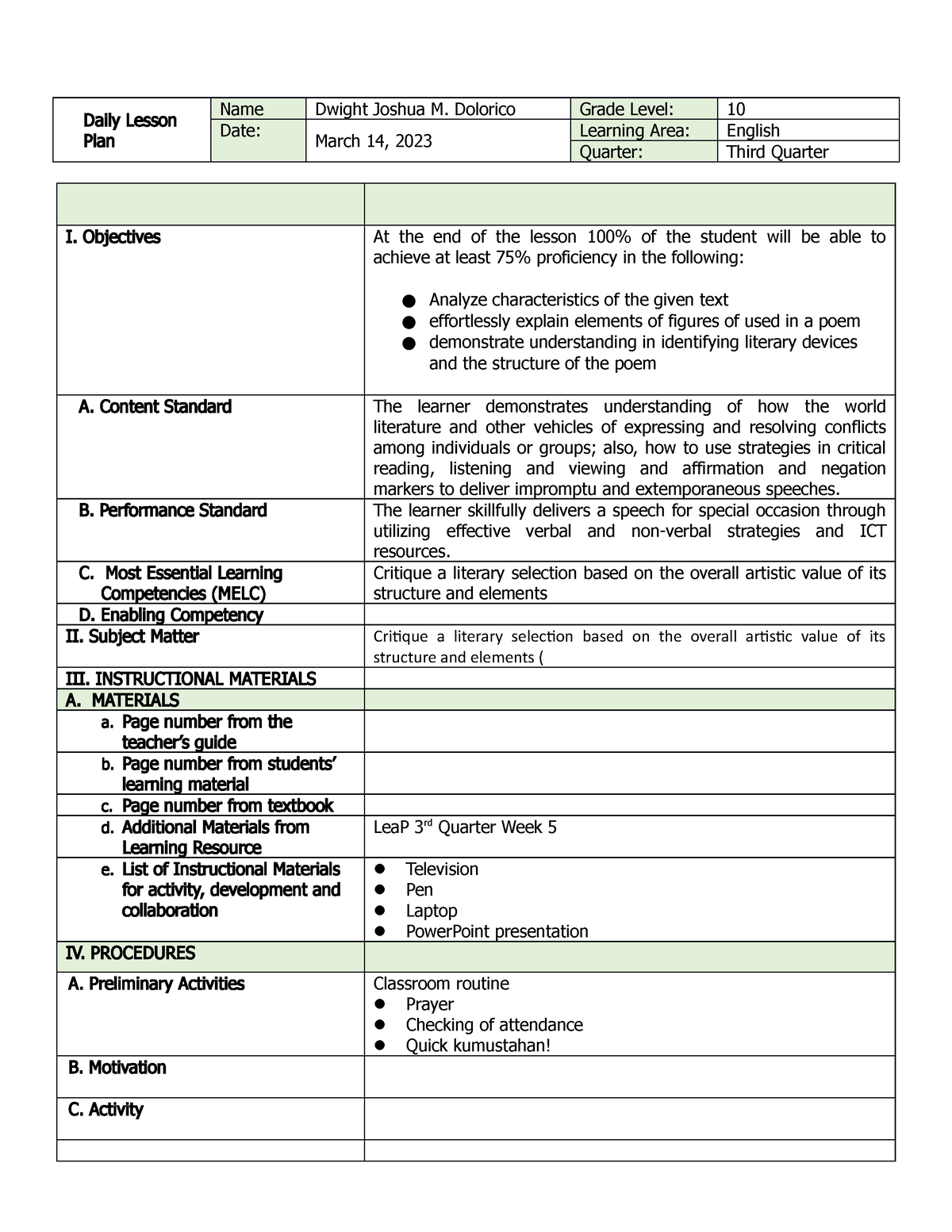 DLP Q3 W5 D3 - NOTES - Daily Lesson Plan Name Dwight Joshua M. Dolorico ...