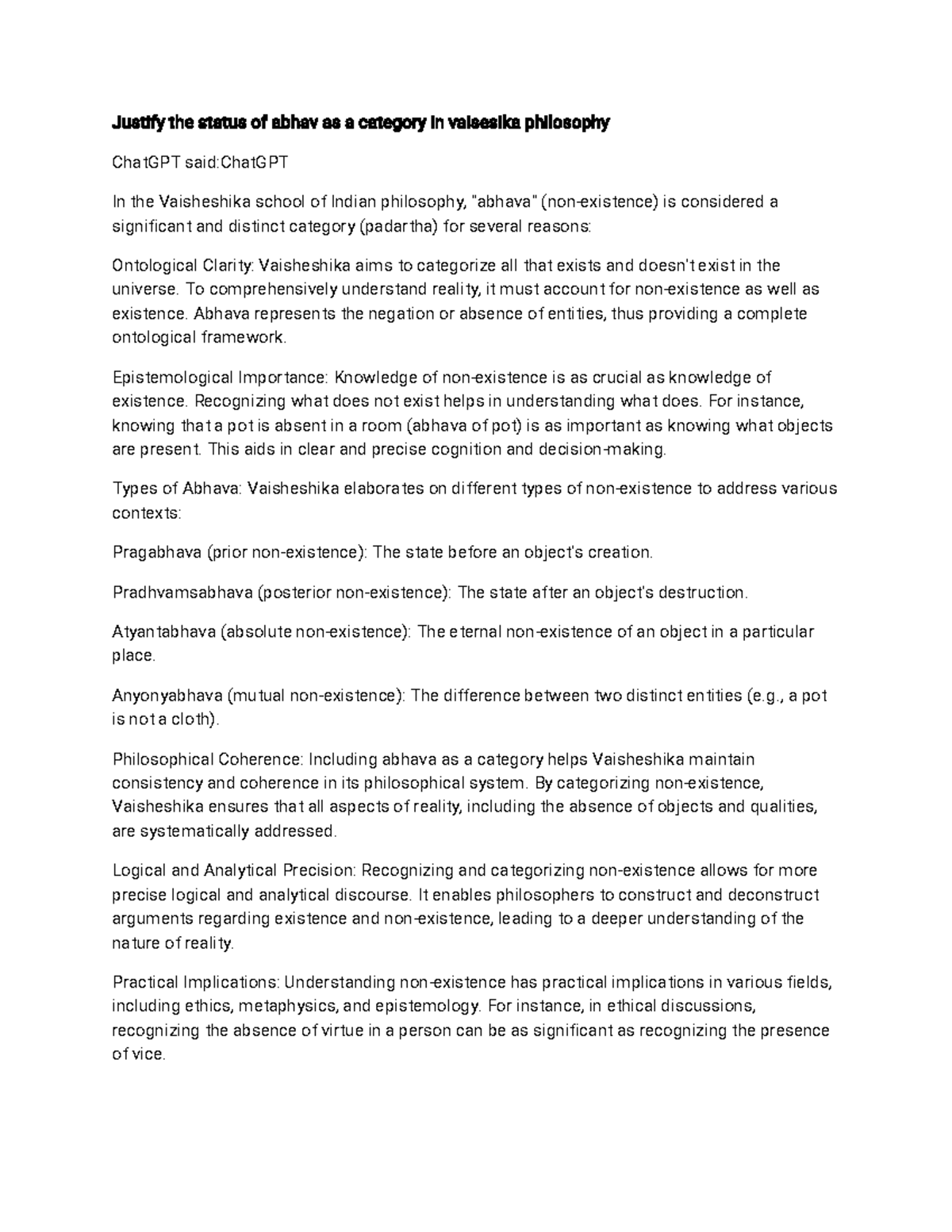 Philosophy - Solved Practice question - Justify the status of abhav as ...