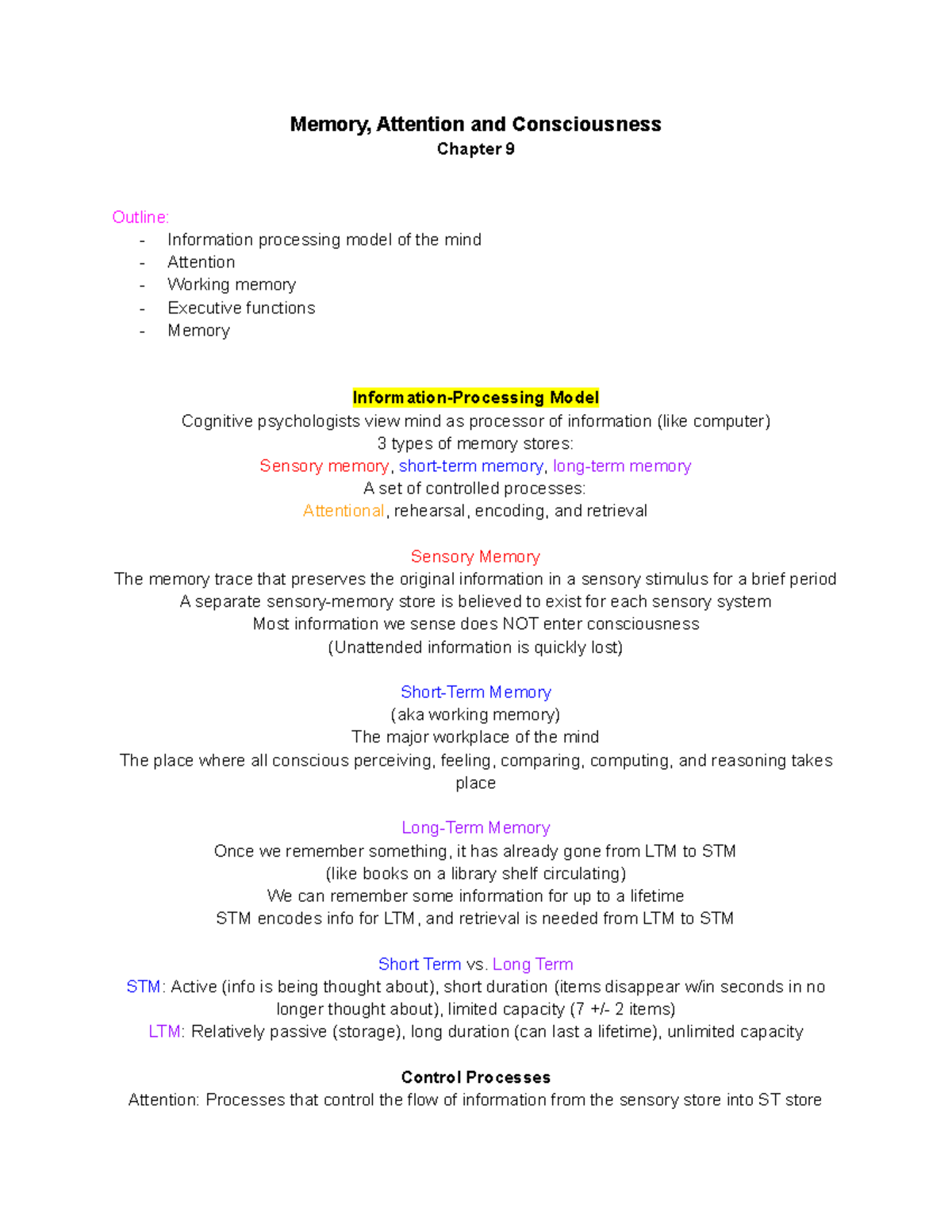 Psych 141- Memory, Attention, and Consiousness-2 - Memory, Attention ...