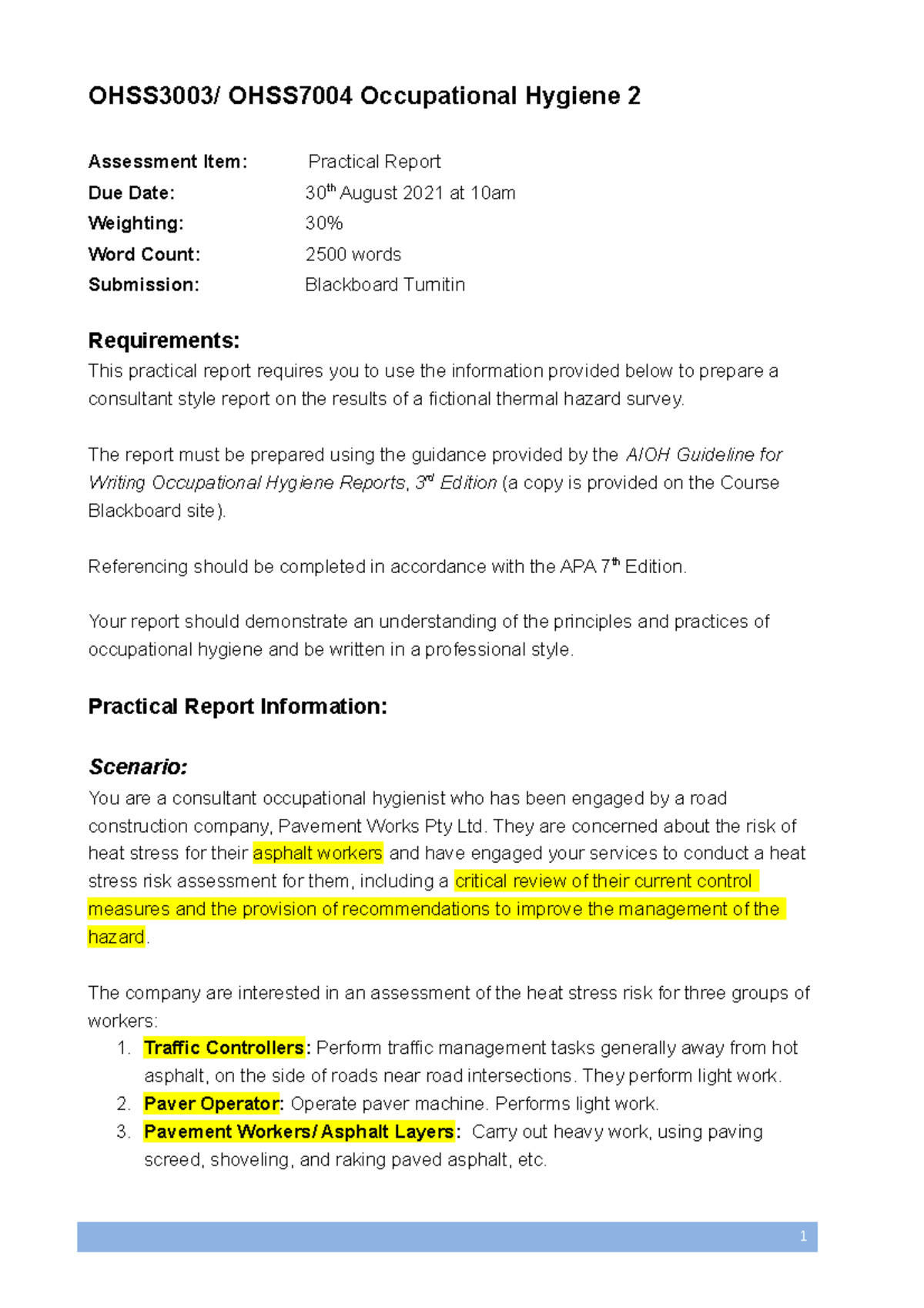 Thermal Practical Report Requirements OHSS3003/ OHSS7004 Occupational