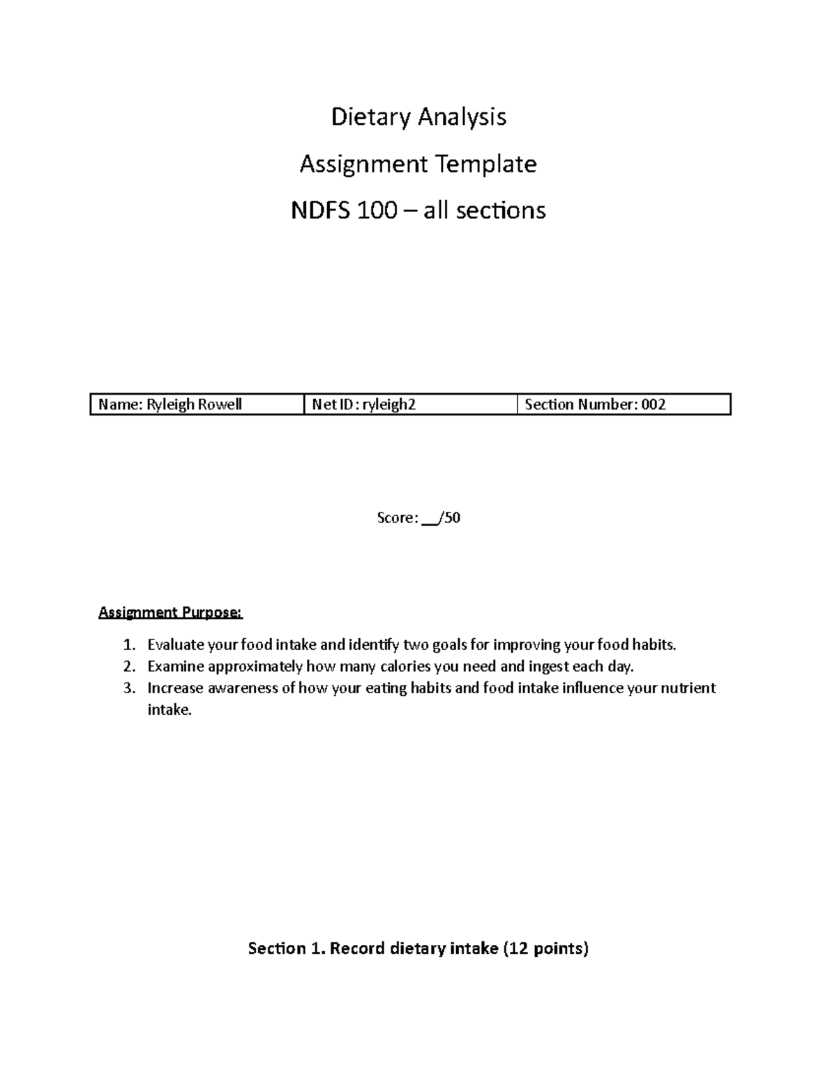 Dietary Analysis - Dietary Analysis Assignment Template NDFS 100 – All ...