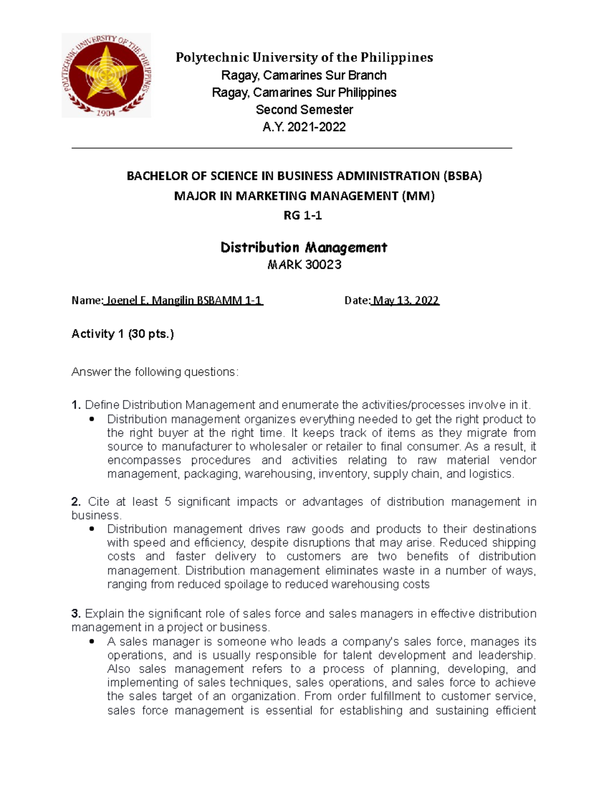 PUP Activity 1 BSBA MM RG 1 1 Distribution Management - Polytechnic ...