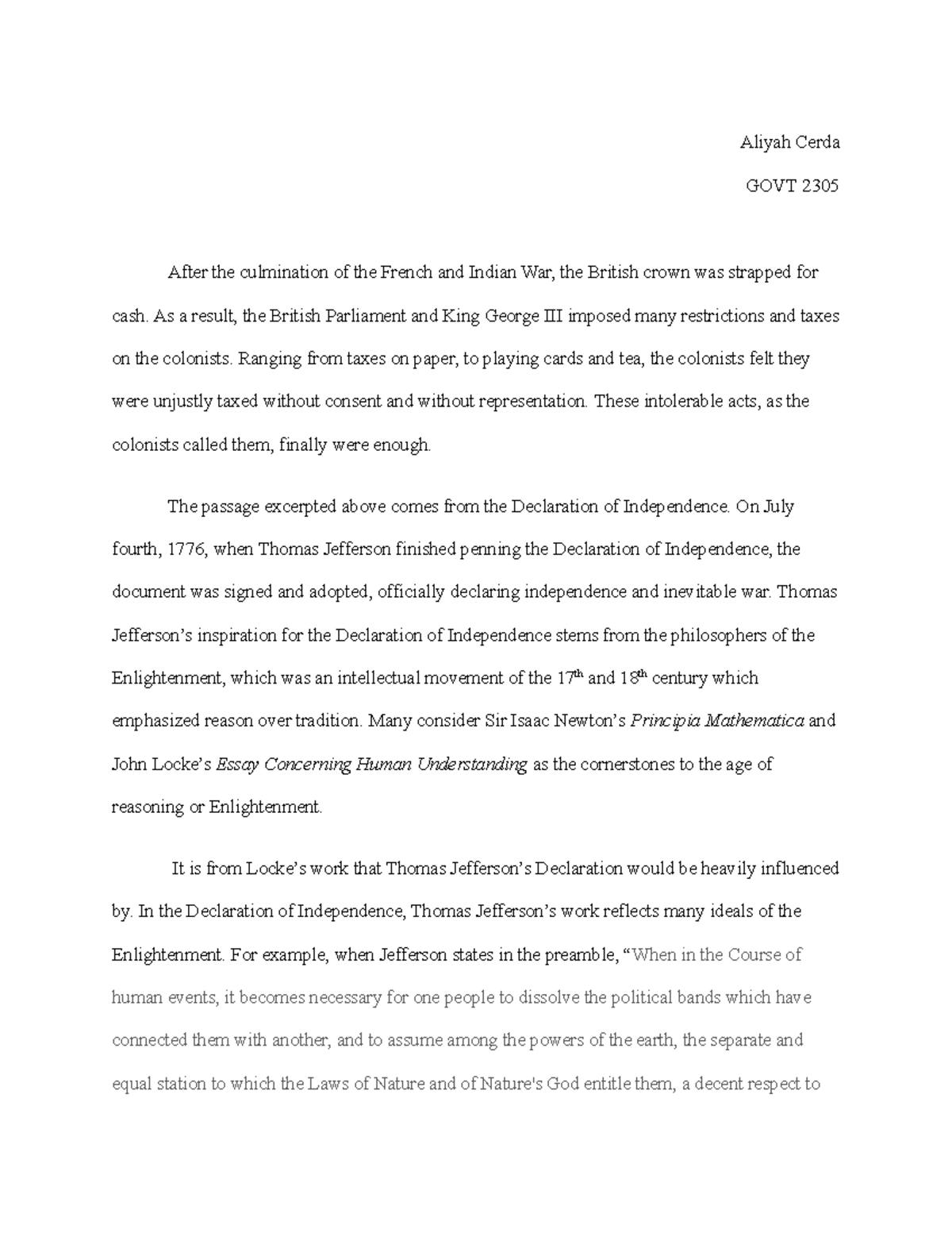 Excerpt of the Declaration of Independence (first essay) AC Aliyah