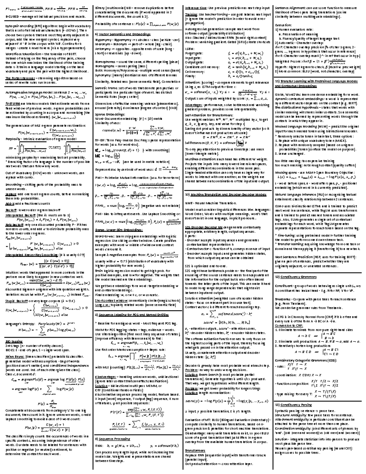 NLP cheatsheet final - 𝐹 1 𝑠𝑐𝑜𝑟𝑒 = 2 ∗𝑝𝑟𝑒𝑐𝑖𝑠𝑖𝑜𝑛∗𝑟𝑒𝑐𝑎𝑙𝑙 𝑝𝑟𝑒𝑐𝑖𝑠𝑖𝑜𝑛+𝑟𝑒𝑐𝑎𝑙𝑙 ...