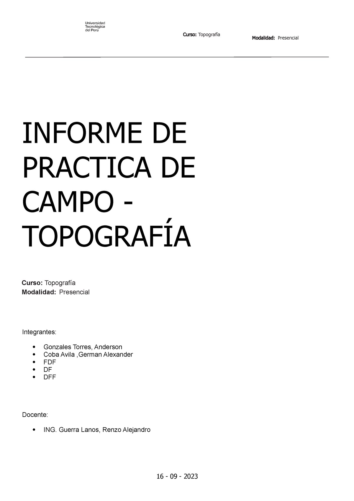 Practica Campo 2 Curso Topografía Modalidad Presencial Informe De Practica De Campo 1216