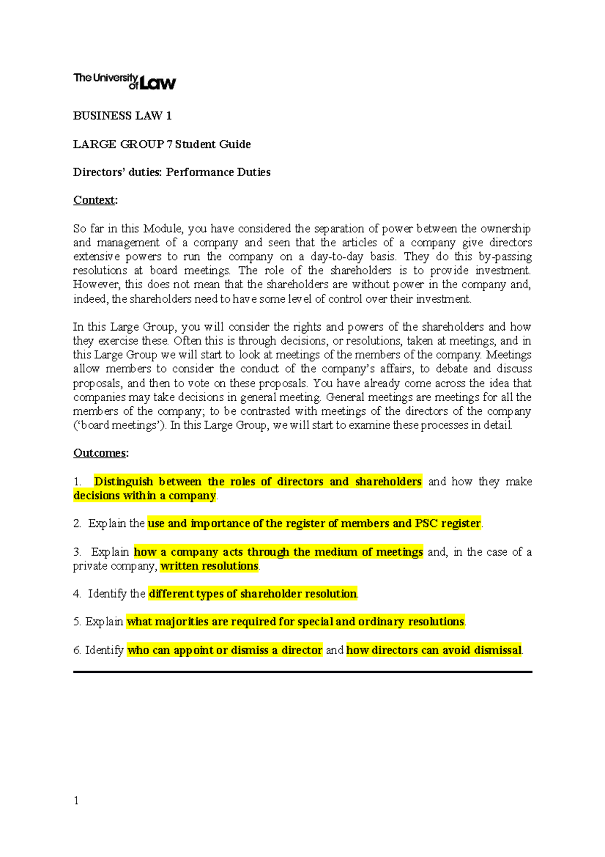 Business LAW 7 - BUSINESS LAW 1 LARGE GROUP 7 Student Guide Directors ...