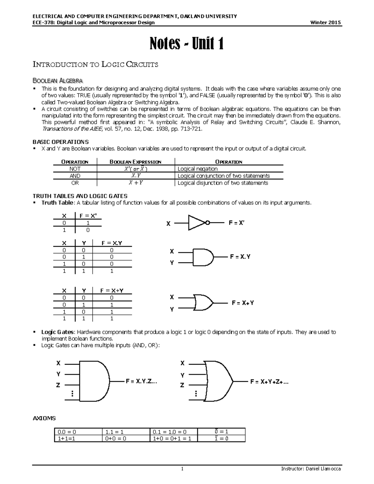 Notes- Unit 1 - Lecture notes 1 - ECE-378: Digital Logic and ...