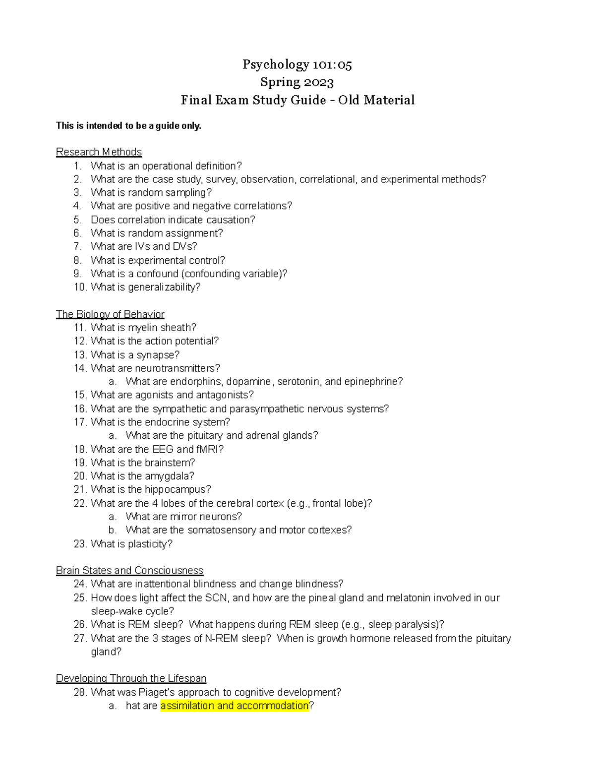 Copy Of General Psychology (05) - Final Exam Study Guide (Old Material ...